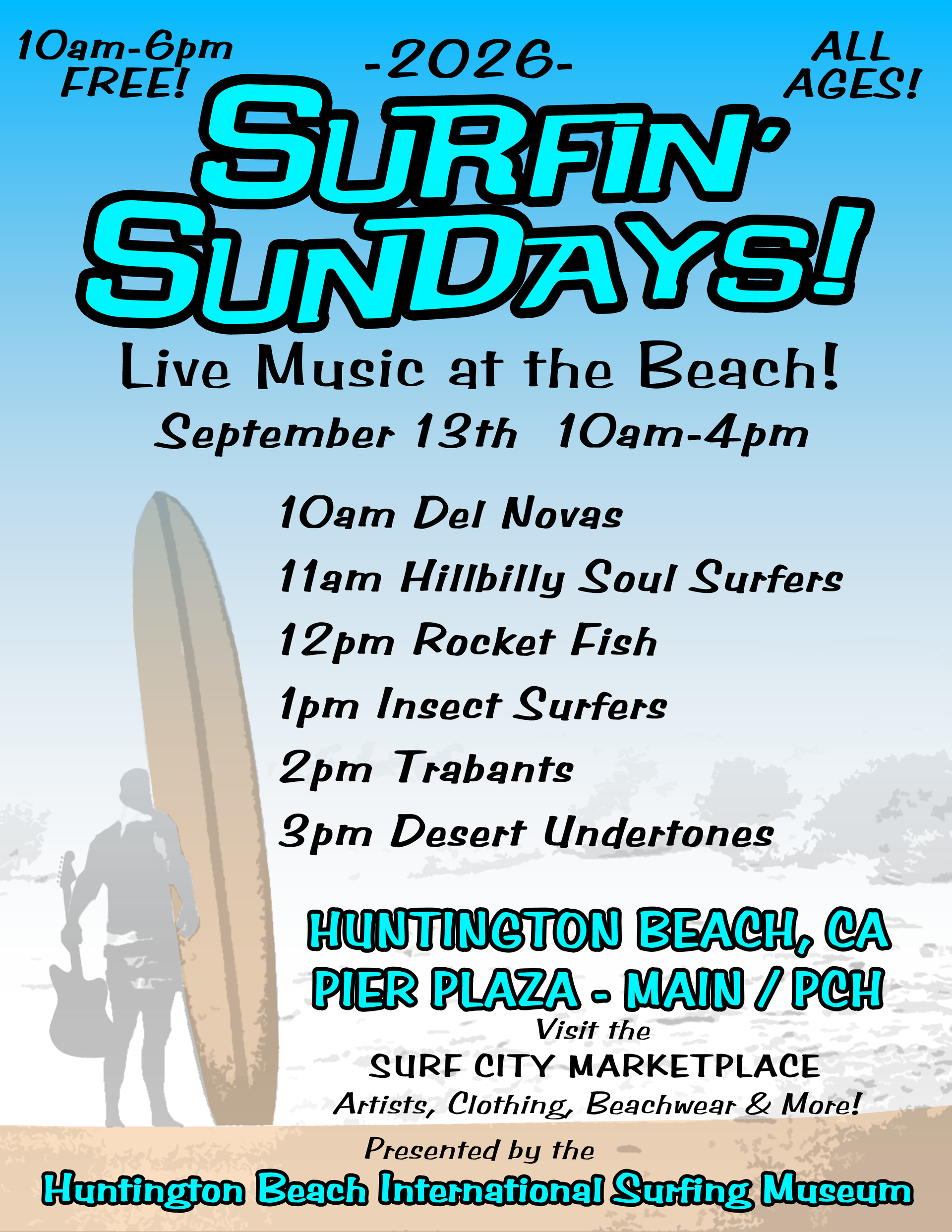Surfin’ Sundays 2026 beach music event poster with schedule and Huntington Beach venue details