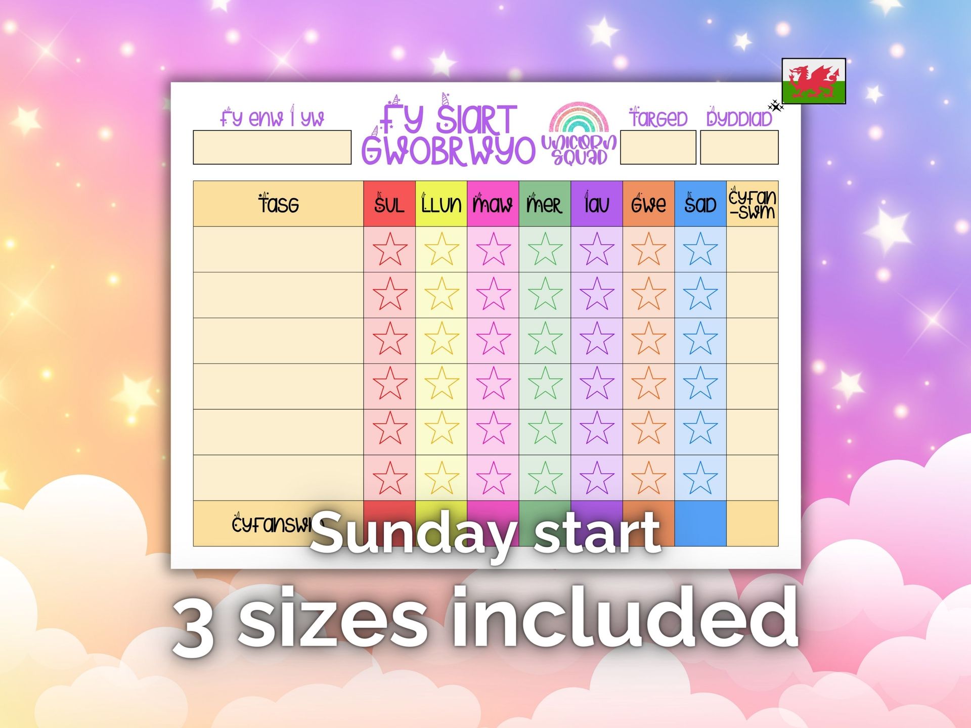 Printable Weekly Reward Charts for Kids - Cymraeg Welsh