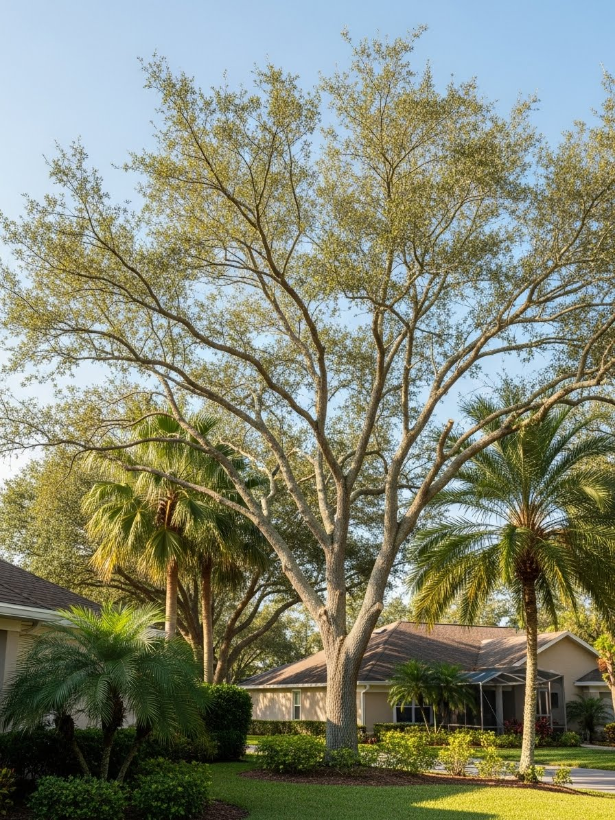 A large oak tree with widespread branches stands in a residential yard beside palm trees and a house under a blue sky.