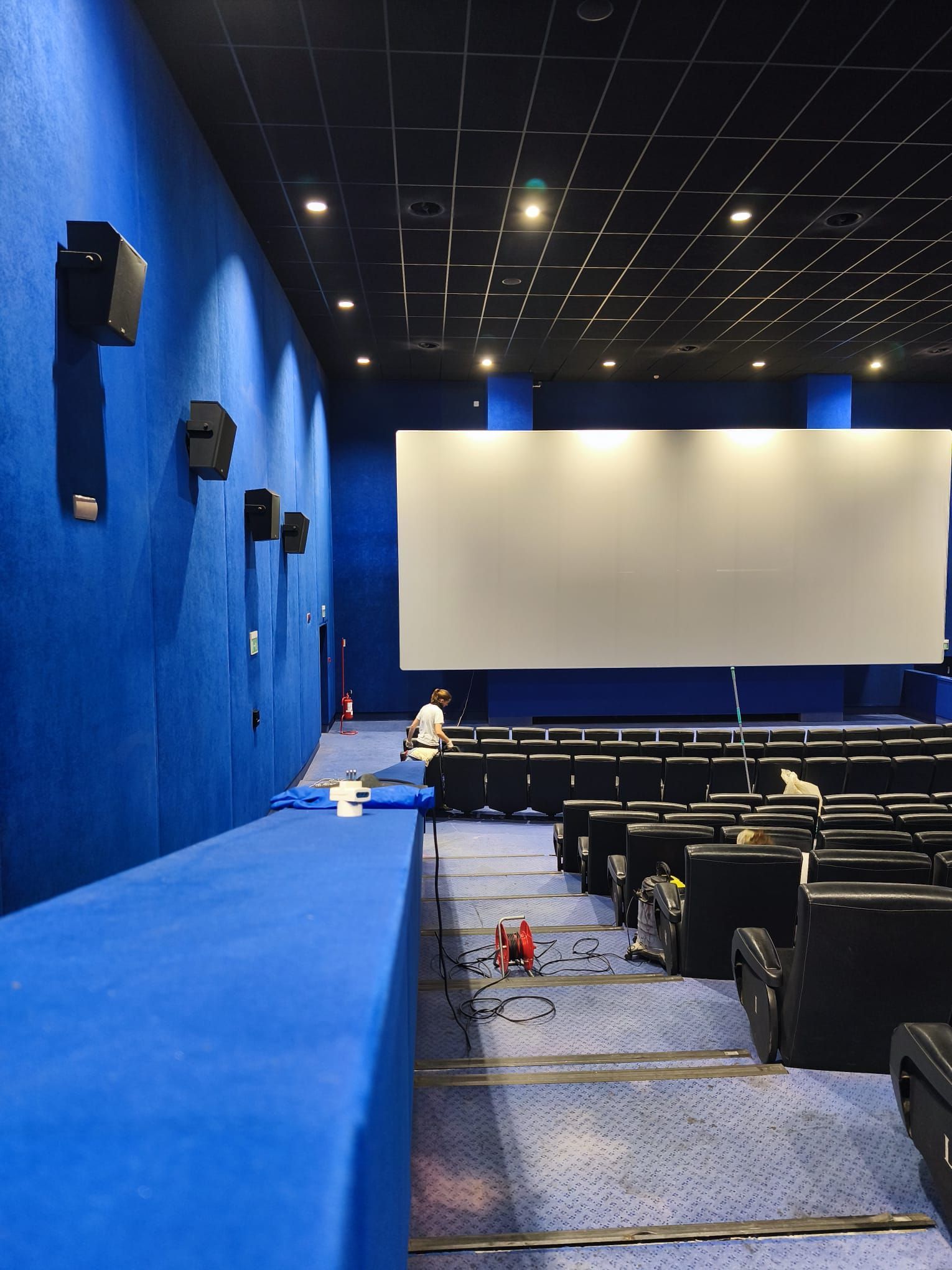 Una sala cinematografica vuota con pareti blu, file di sedie e un grande schermo sul davanti.