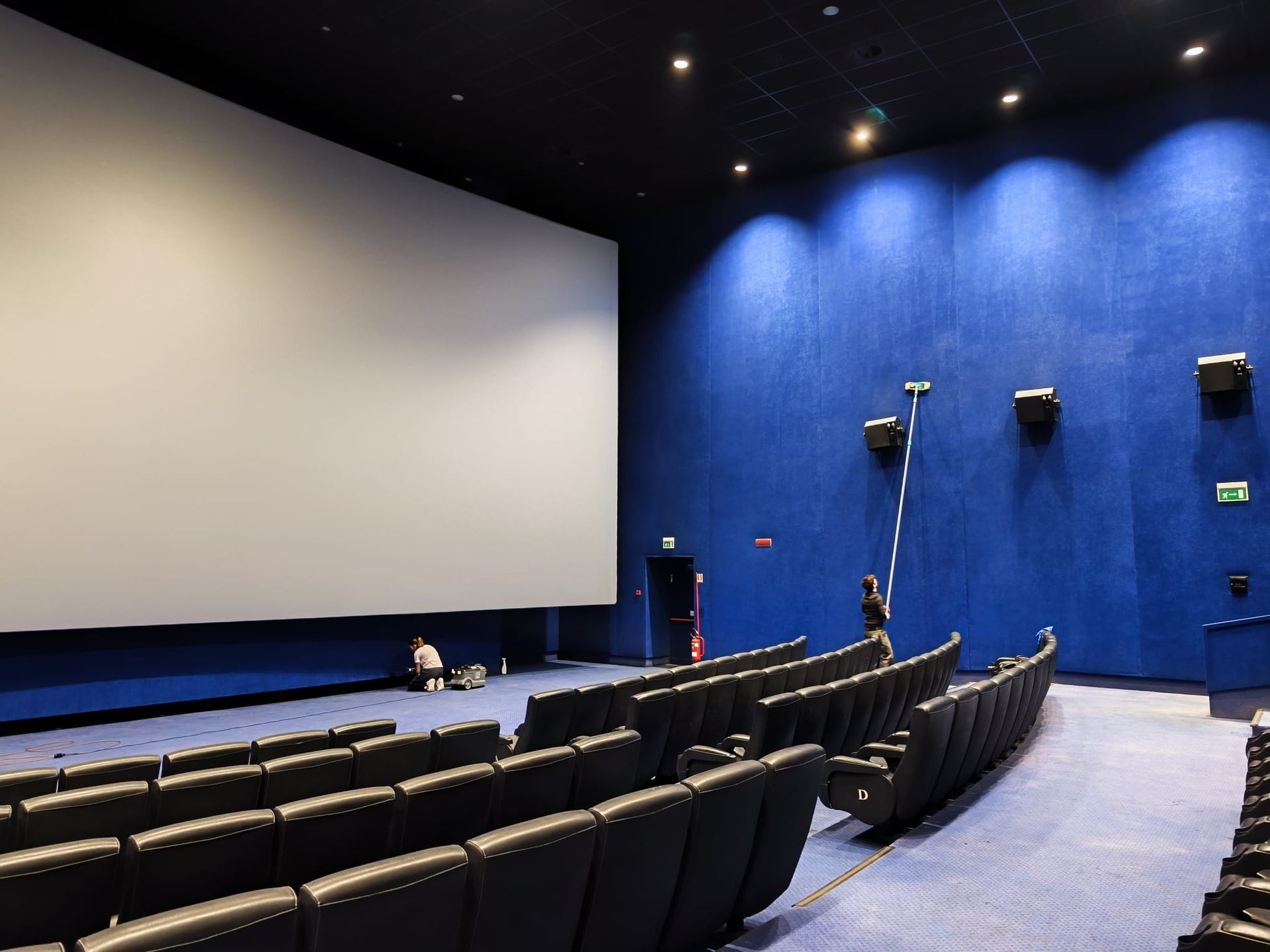 Una sala cinematografica vuota con pareti blu, file di poltrone nere e un grande schermo nero.