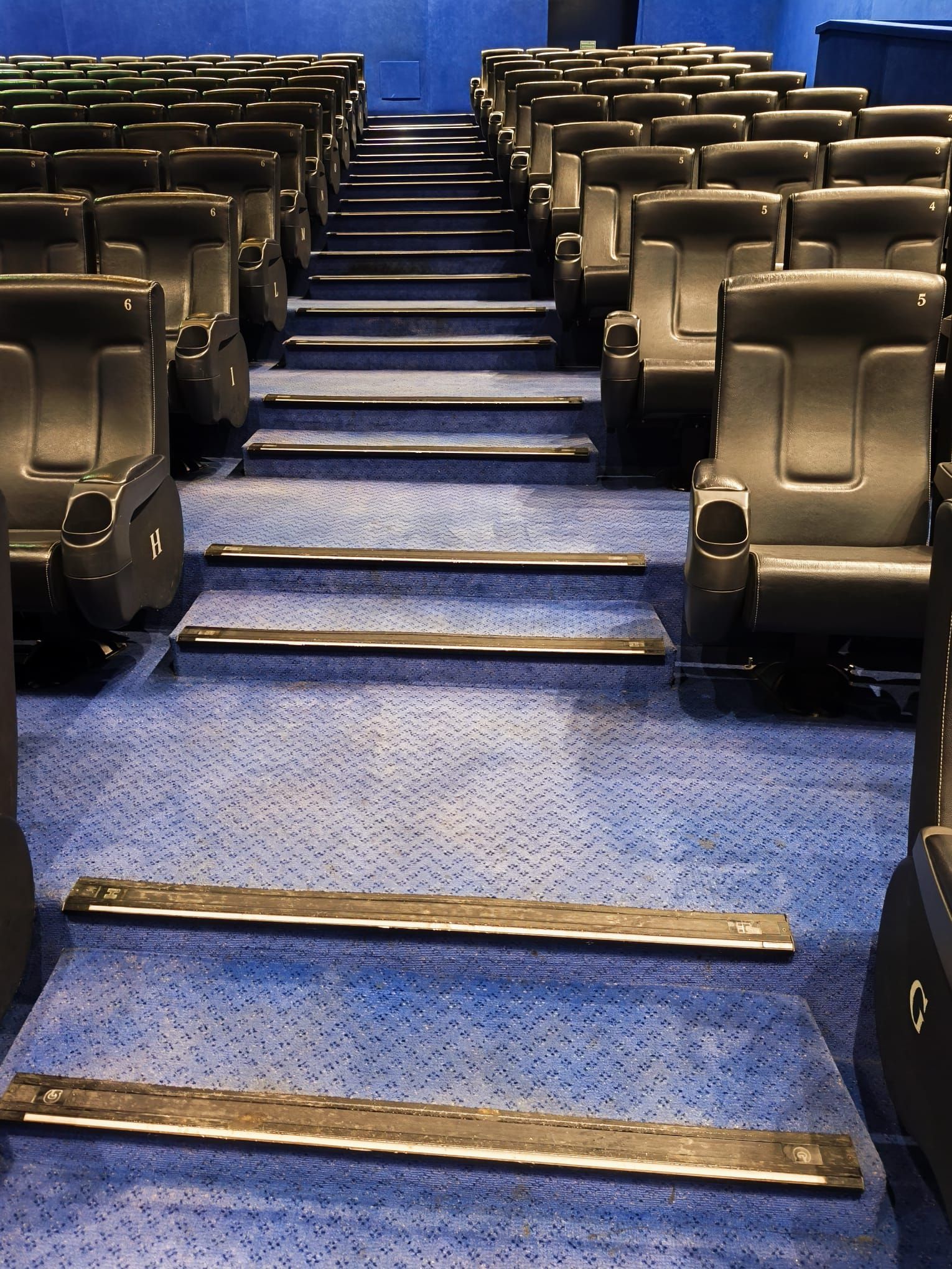 Una scalinata con moquette blu in un corridoio di un teatro in penombra, tra file di poltrone nere.