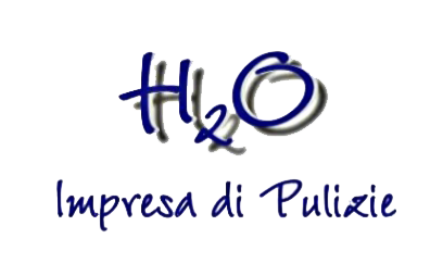 Logo blu “H2O” con la scritta “Impresa di Pulizie” sottostante su sfondo bianco.