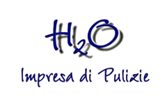 Logo blu “H2O” con la scritta “Impresa di Pulizie” sottostante su sfondo bianco.