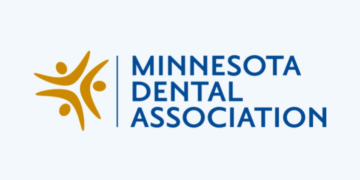 Logo for the Minnesota Dental Association: Gold figures and blue text on a light blue background.