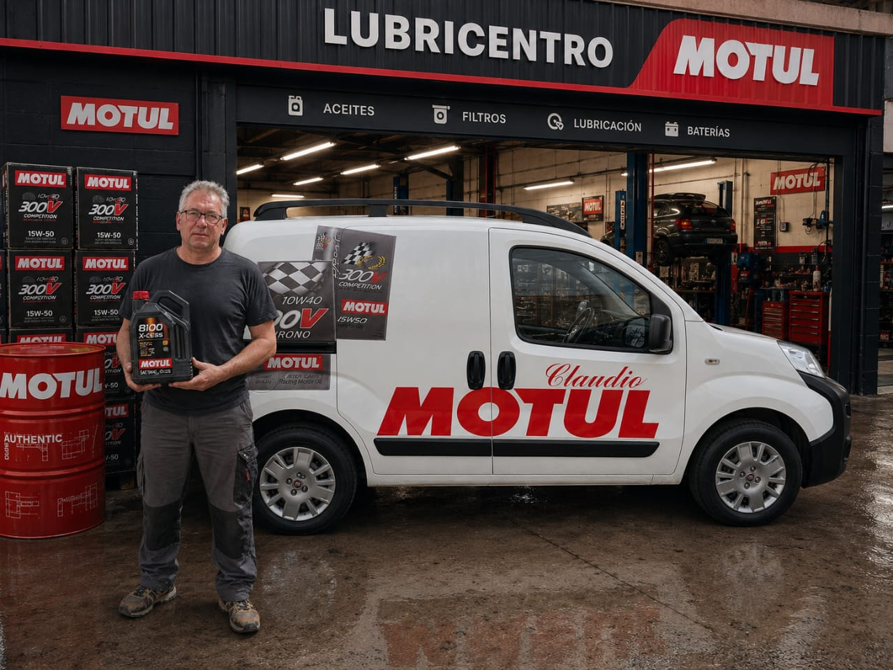 Hombre sosteniendo una botella de Motul junto a una furgoneta blanca con la marca Motul frente a una tienda Lubricentro.