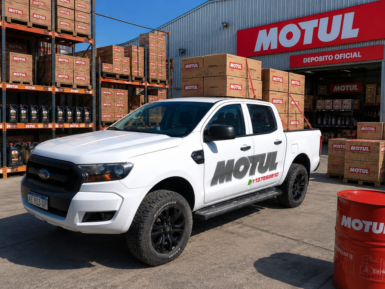 Camioneta blanca de Motul estacionada afuera de un almacén de Motul con cajas apiladas y barriles rojos.