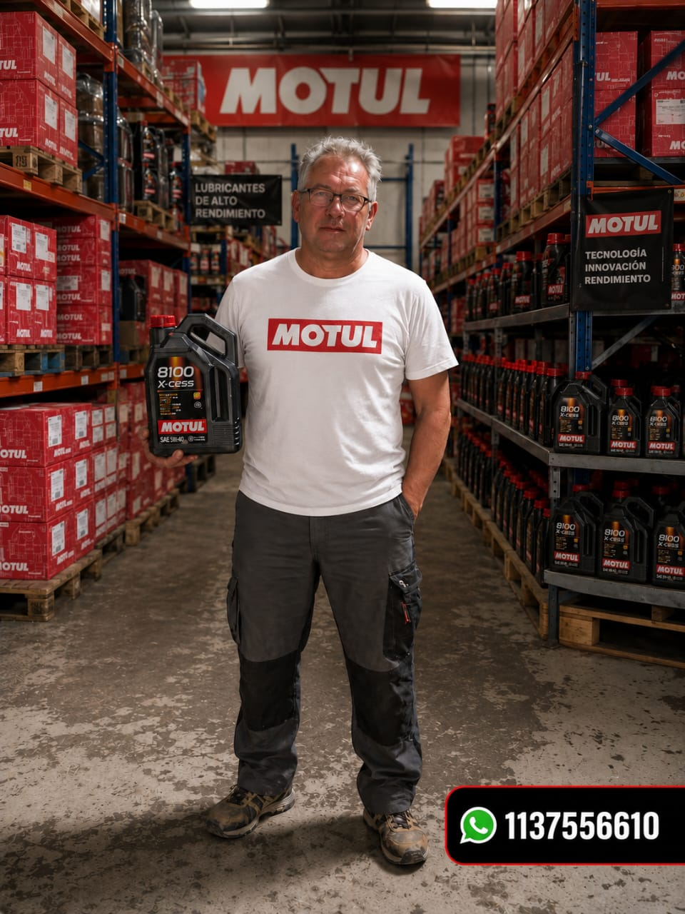 Un hombre, vestido con una camiseta blanca de Motul, sostiene una botella de aceite Motul