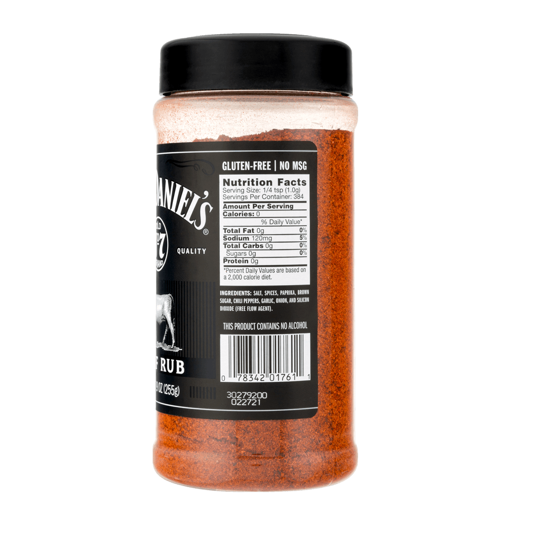 Jack Daniel's BBQ Rub container with label showing nutrition facts and barcode.