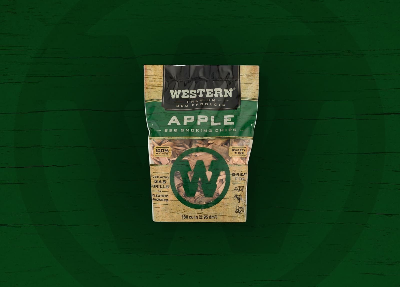 Bag of Western Apple Smoking Chips on a green background