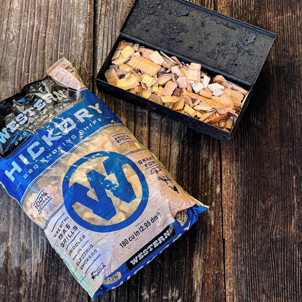 Bag and smoking box full of Western Hickory BBQ Smoking Chips