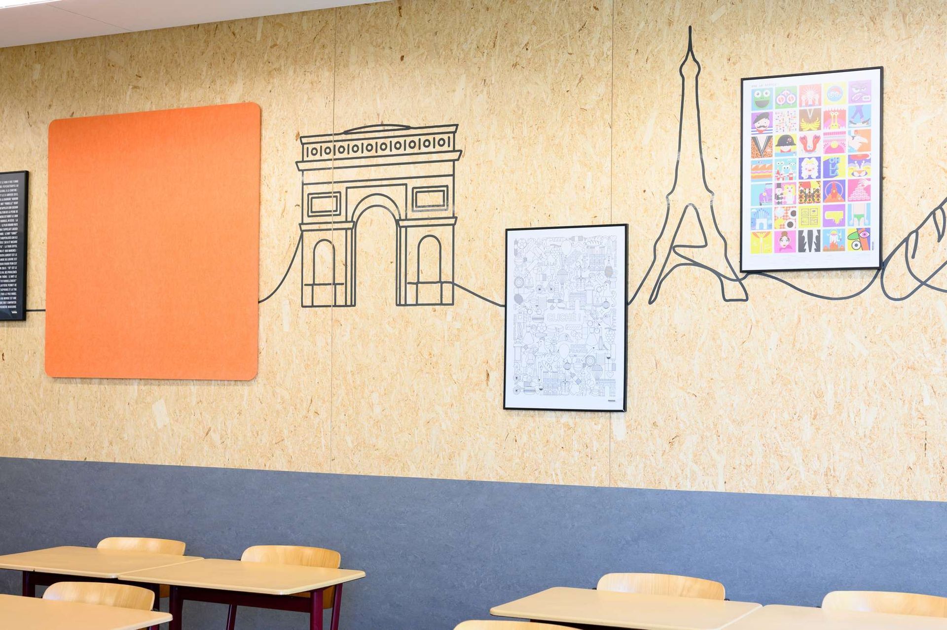 Een klaslokaal met een tekening van de Eiffeltoren aan de muur