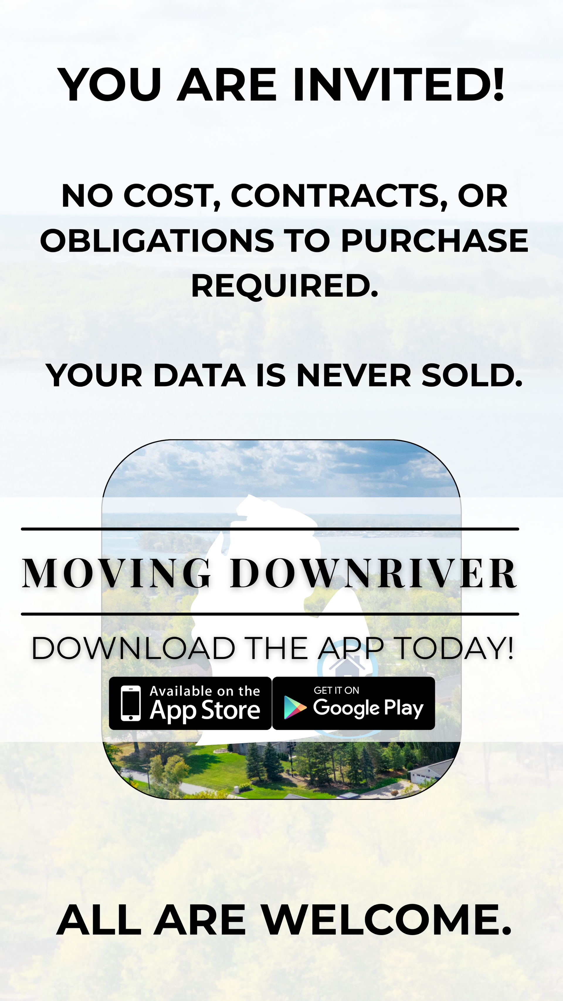 Flyer inviting people to download the Moving Downriver app, with “No cost, contracts, or obligations” text.