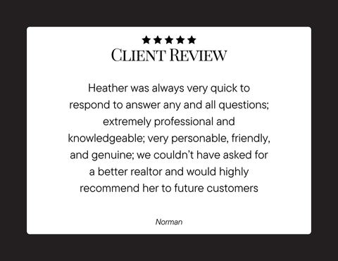 Black-and-white client review card with five stars and testimonial text about Heather's web services