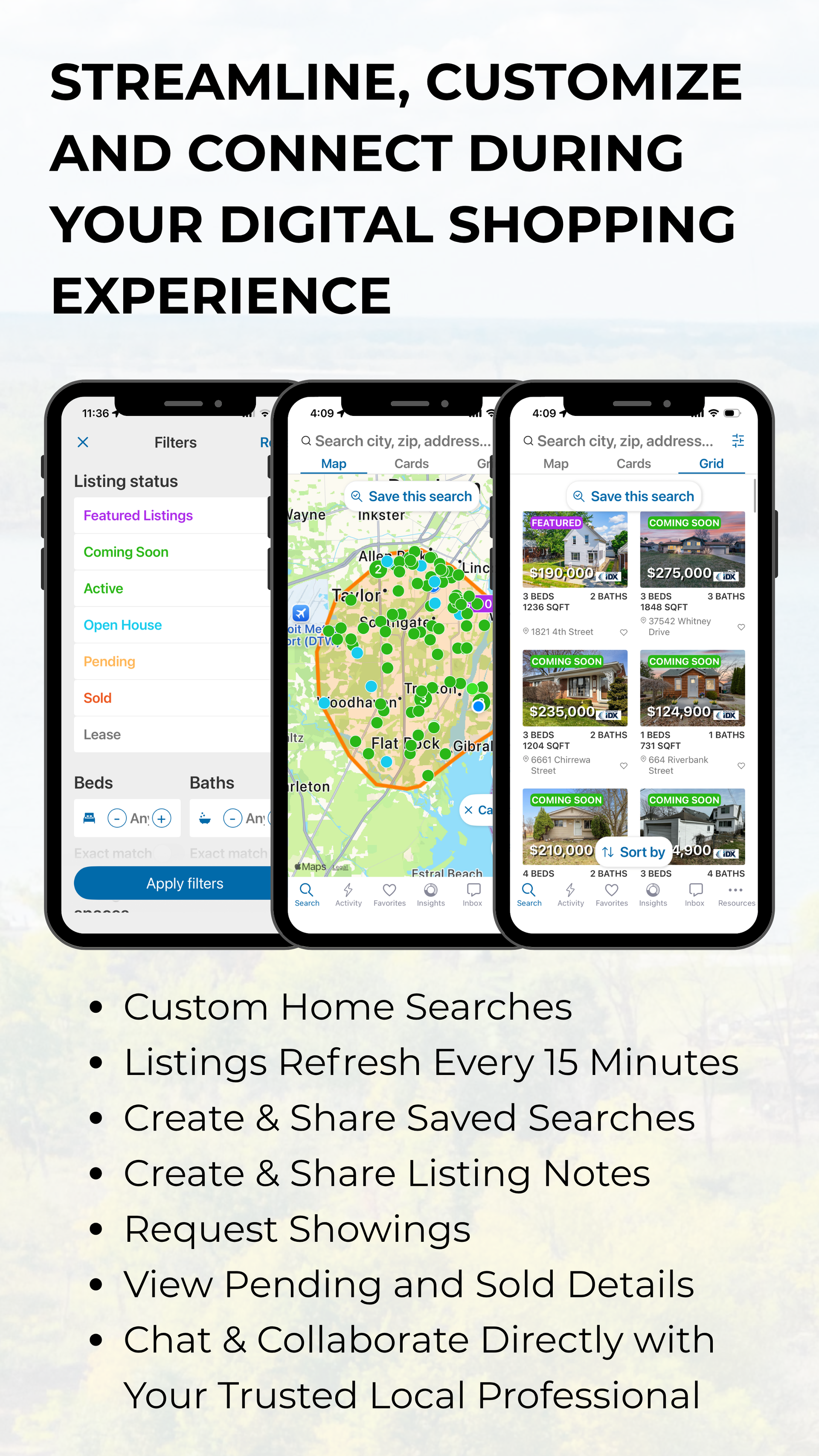 Promotional graphic showing three smartphone screens for a digital shopping app with a map and product listings.