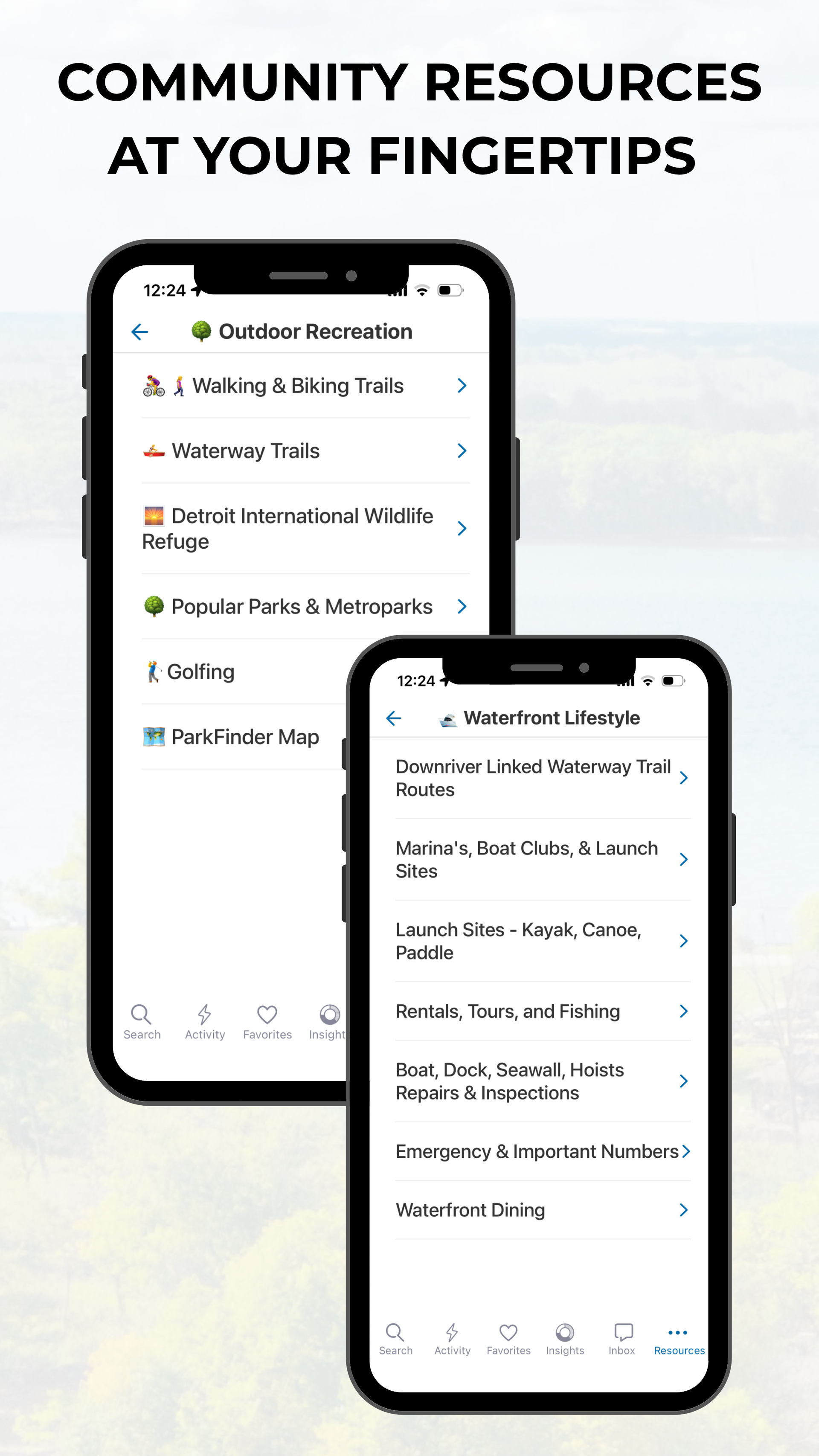 Phone app promo reading “Community resources at your fingertips” with two overlapping smartphone screens