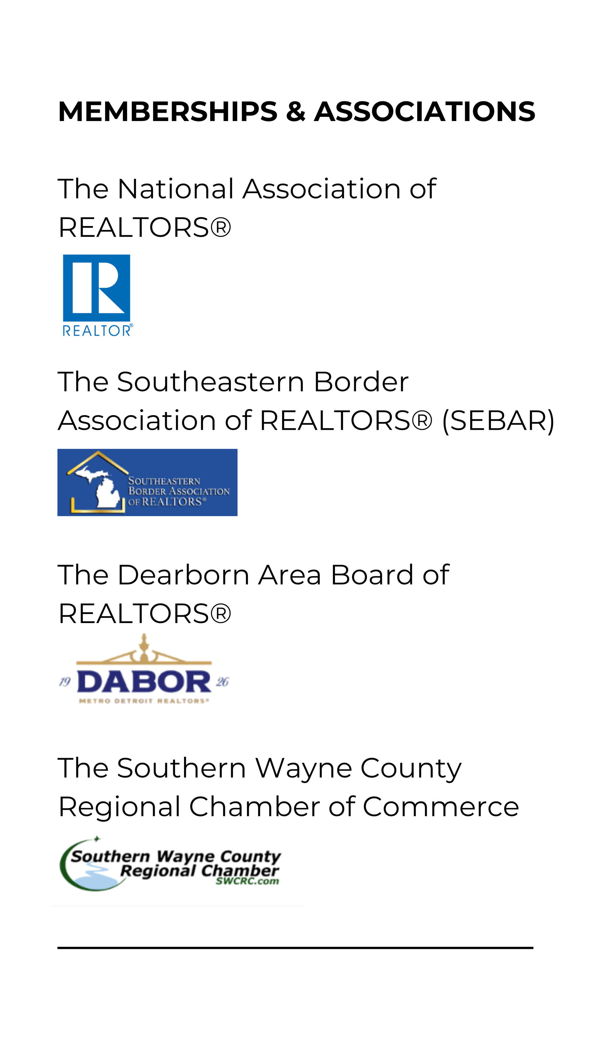 Memberships & associations page listing multiple organizations with logos and text on a white background