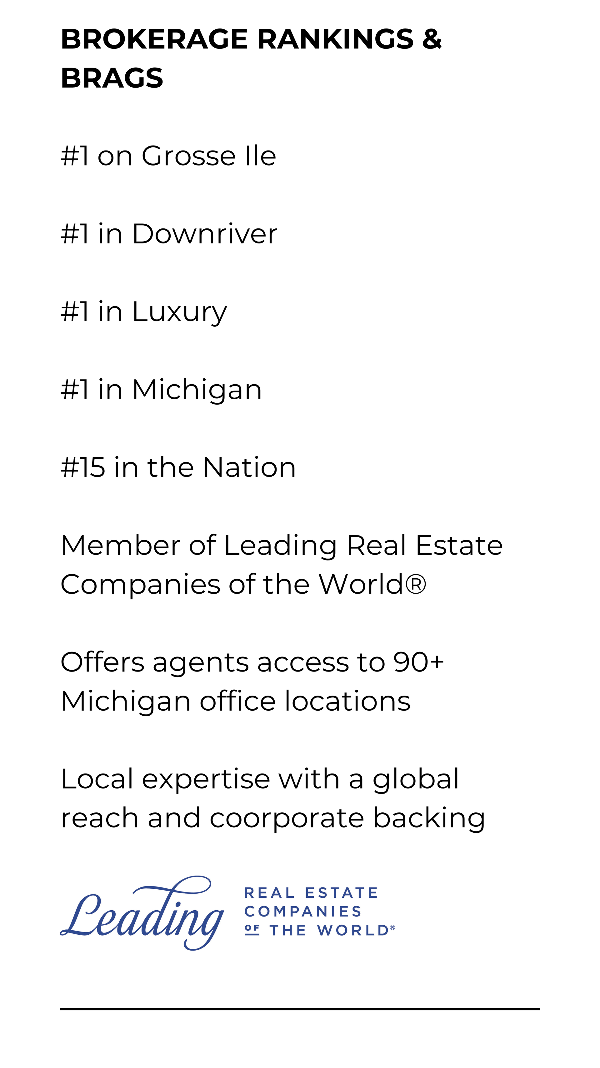 Brokerage rankings and accolades text with Leading Real Estate Companies of the World logo at bottom