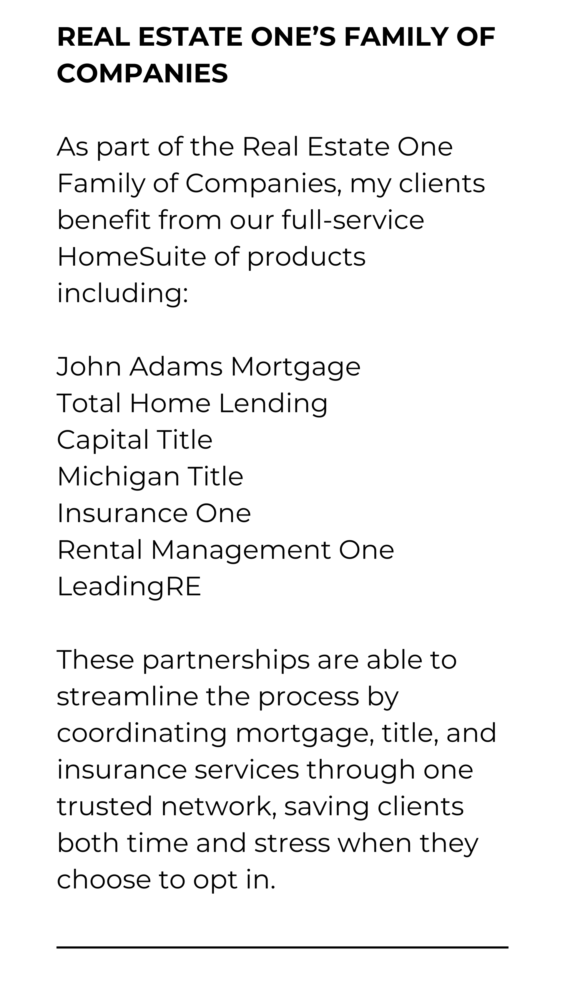 Black-and-white brochure page listing Real Estate One family of companies and services.