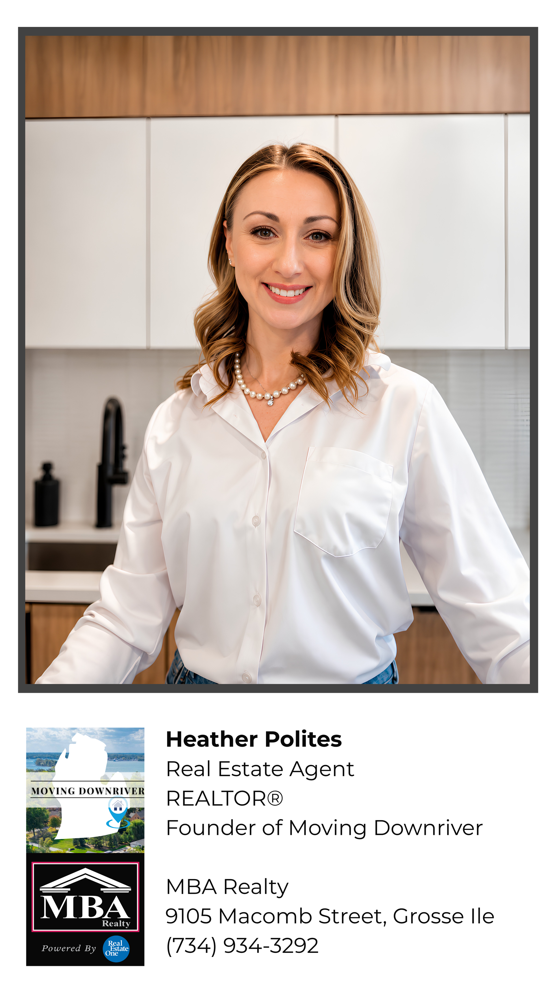 Professional headshot of a smiling realtor in a white blouse, standing in a modern kitchen with branding text below