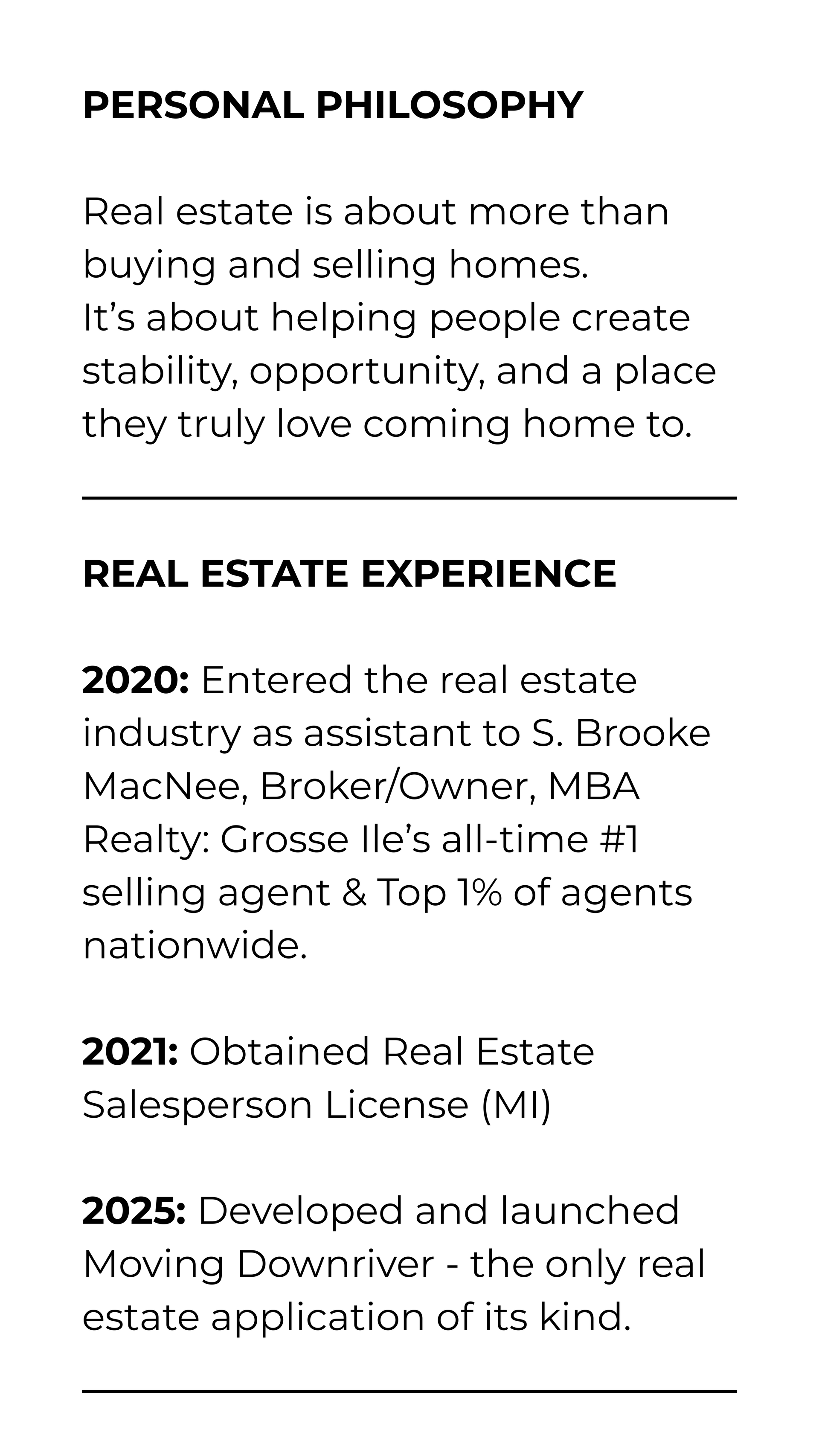 Text-heavy resume section with “Personal Philosophy” and “Real Estate Experience” headings and job entries.