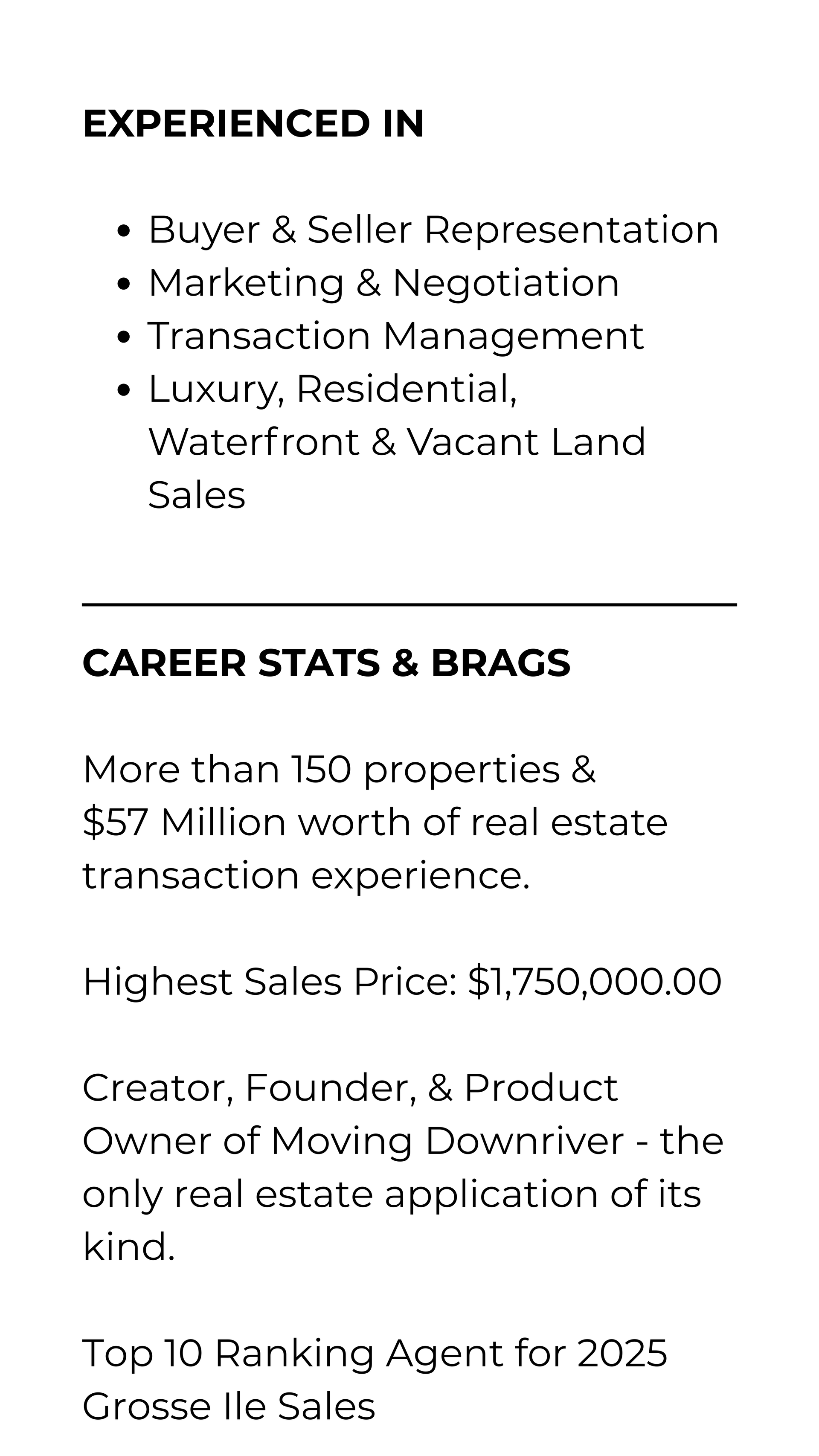 Real estate profile with experience bullets and career stats, including transaction volume and highest sales price.