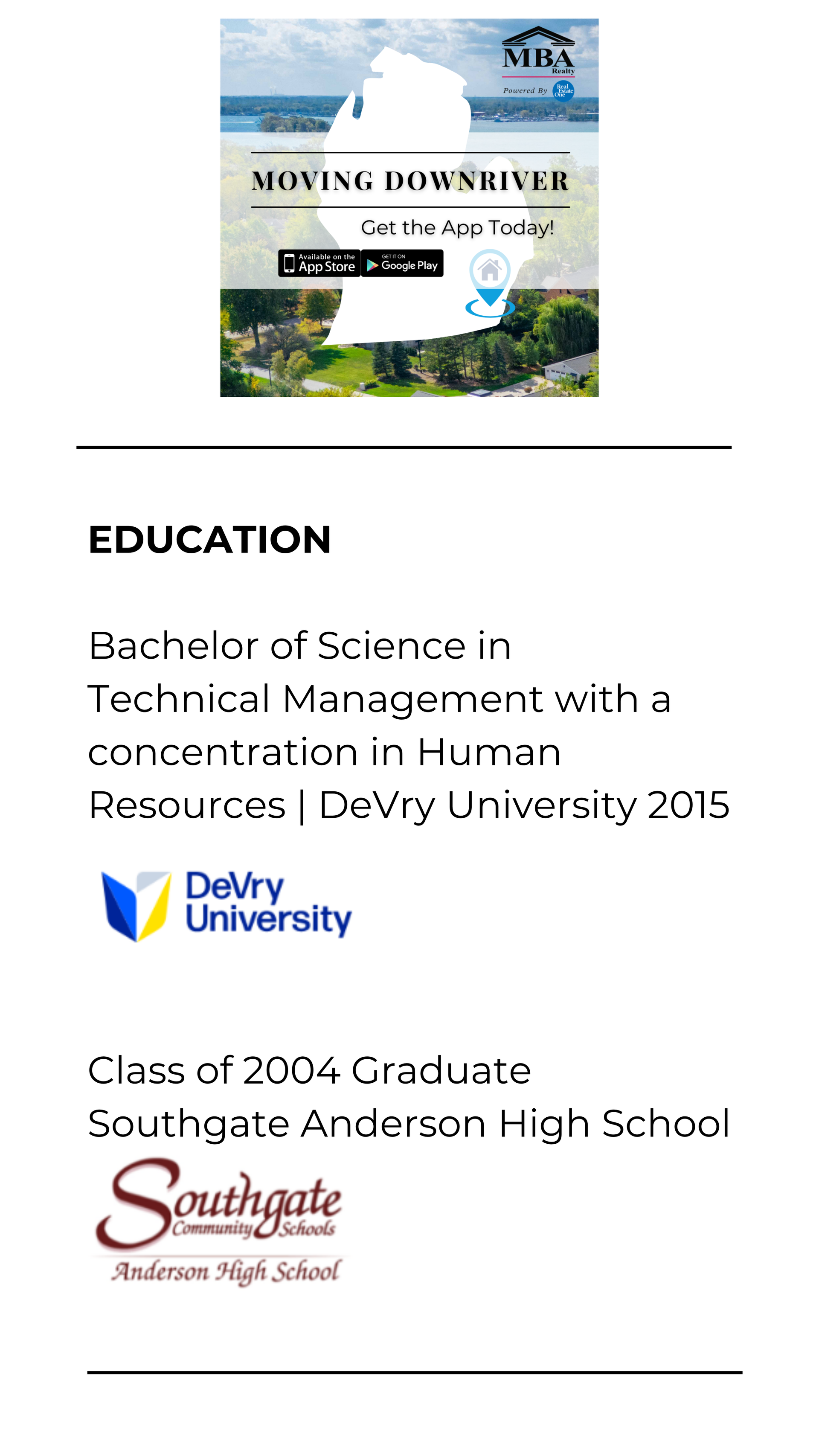Education section of a resume with DeVry University degree and Southgate Anderson High School diploma