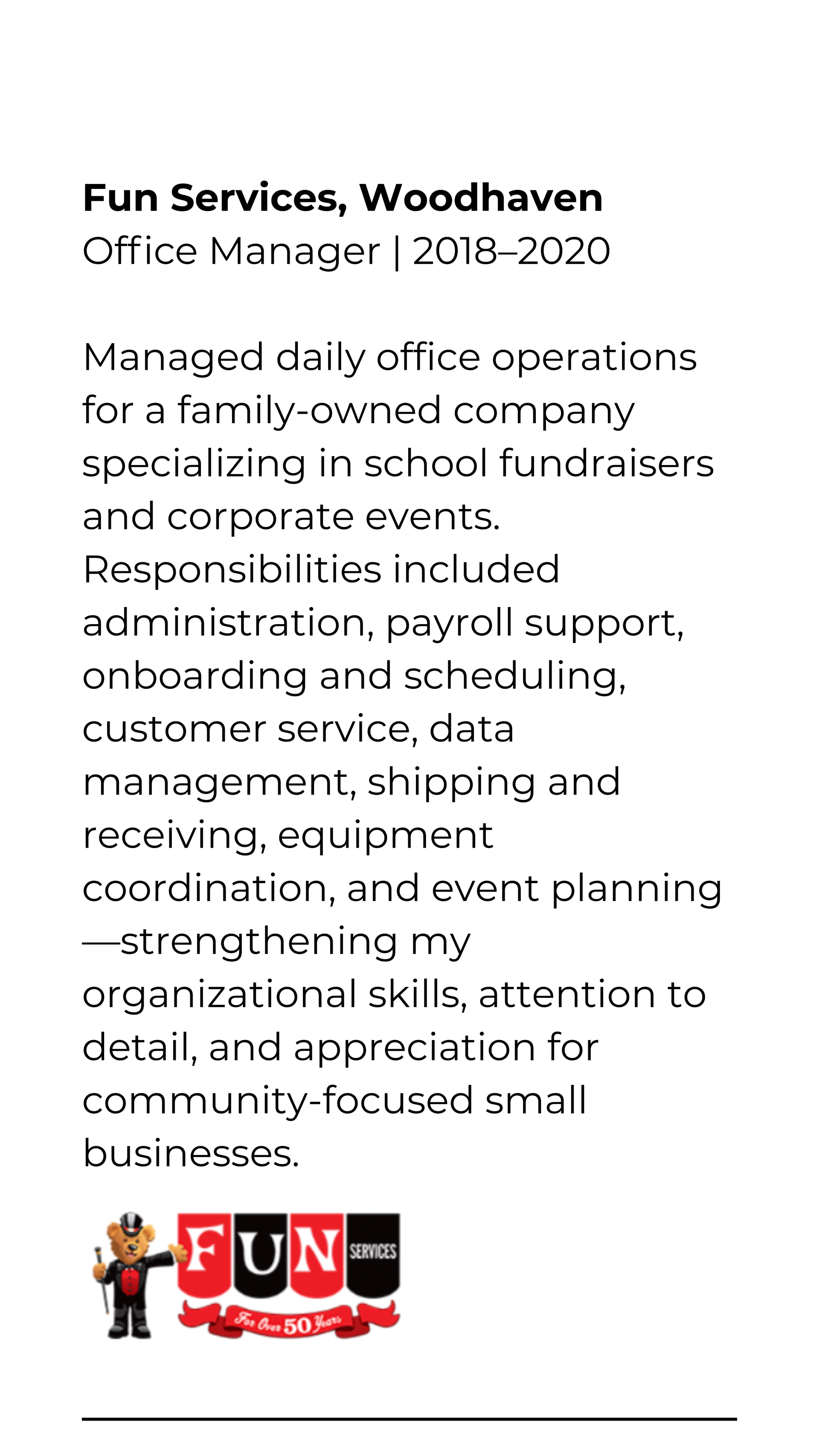 Flyer for Fun Services, Woodhaven office manager, with logo and job duties listed.