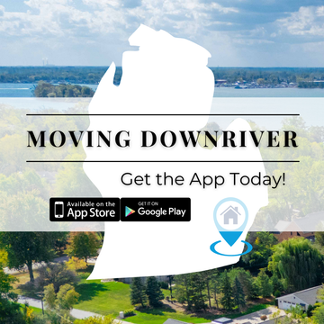 Moving Downriver app ad over river landscape, with App Store and Google Play download buttons