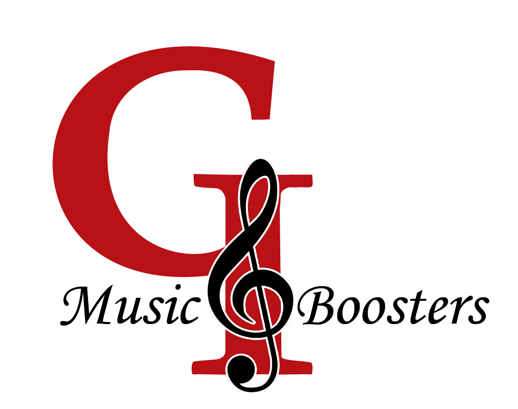 Music Boosters logo with red G and black treble clef on a white background