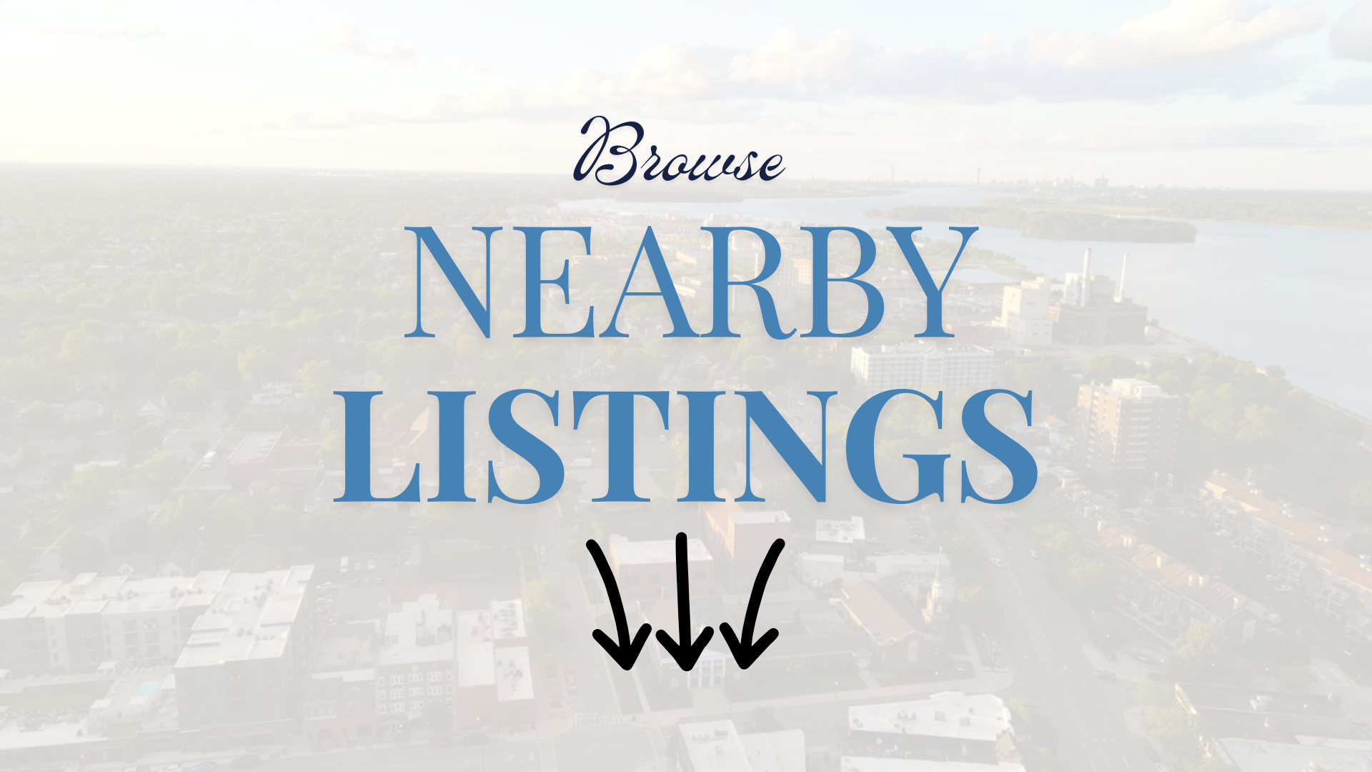 Boutique nearby listings text in blue over a faded cityscape with three black arrows pointing down
