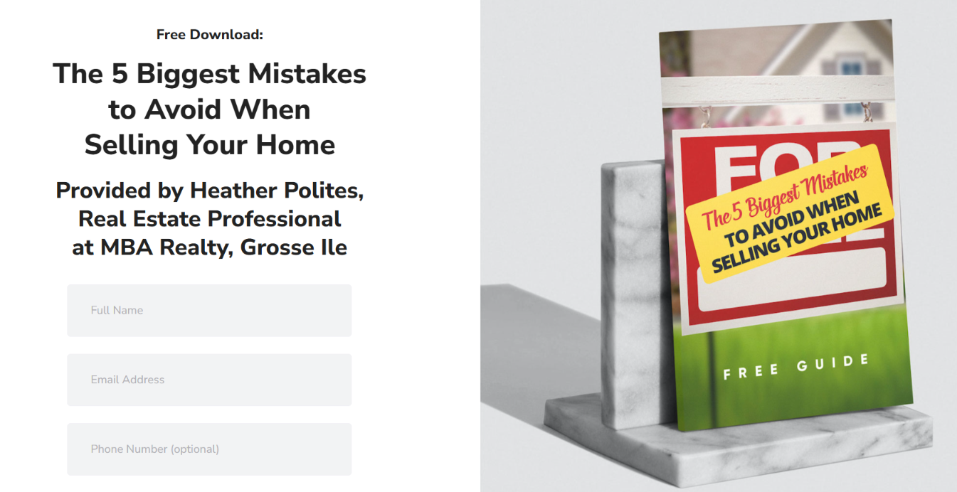 Landing page for a free ebook: “The 5 Biggest Mistakes to Avoid When Selling Your Home,” with a book mockup on the right