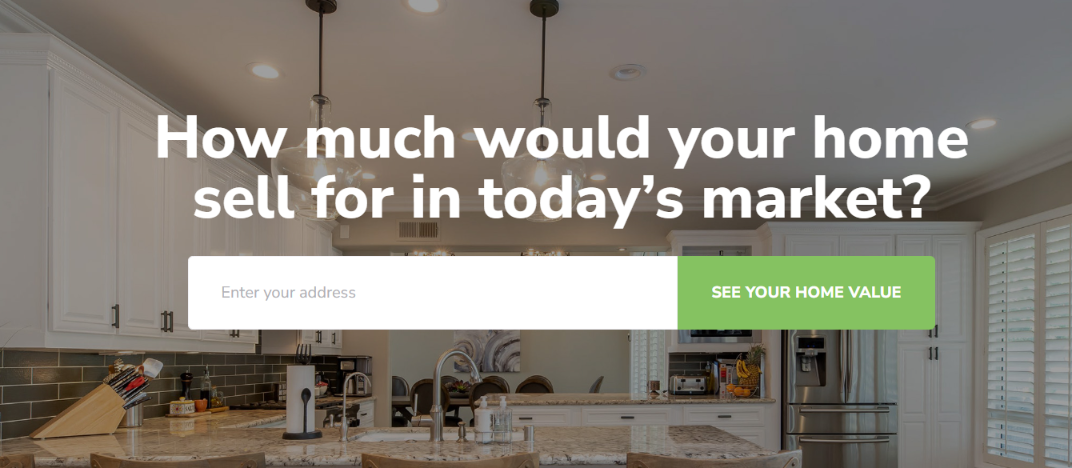 Website banner asking, “How much would your home sell for in today’s market?” over a modern kitchen