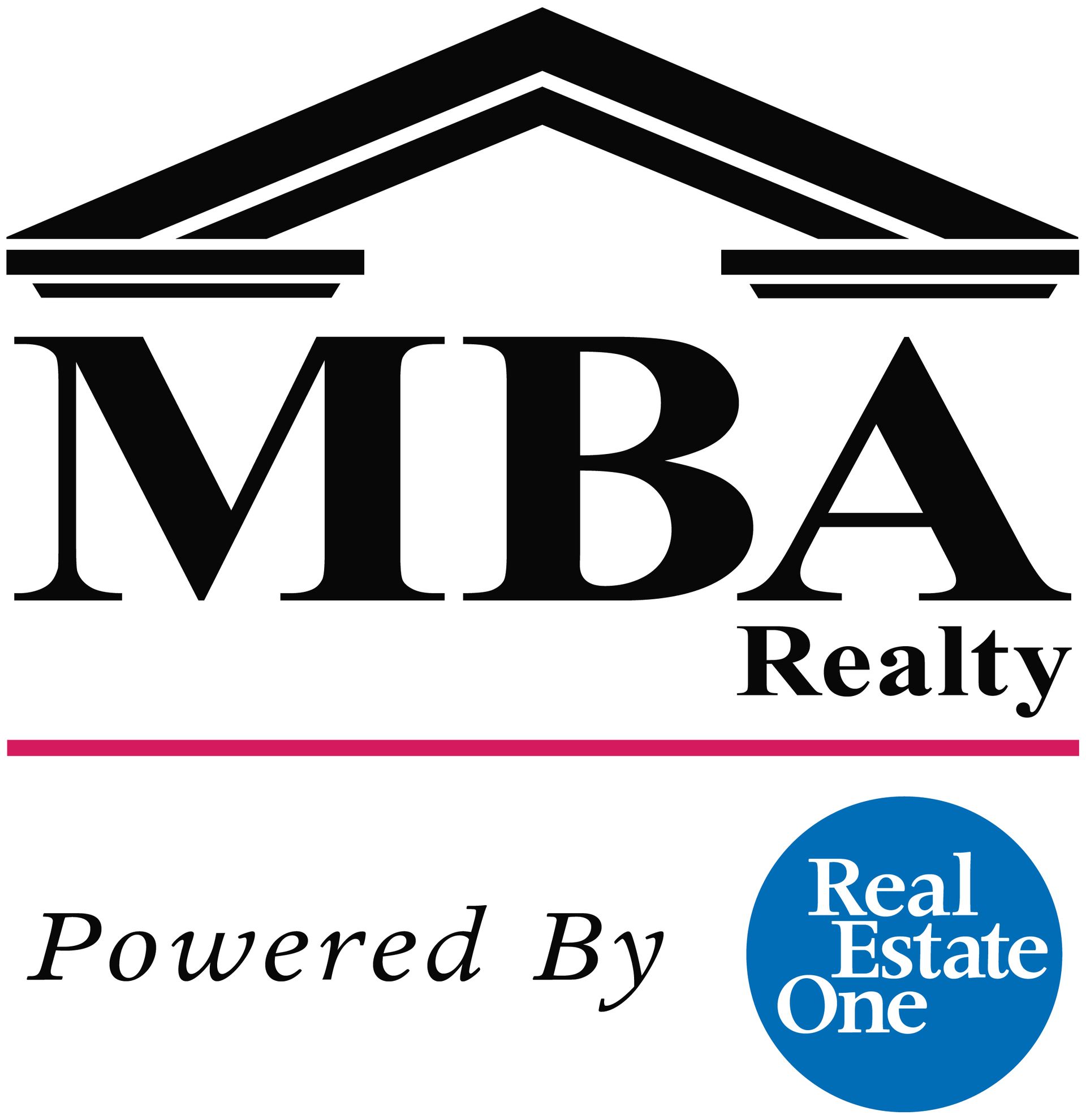 MBA Realty logo with black roof icon and blue Real Estate One badge on white background
