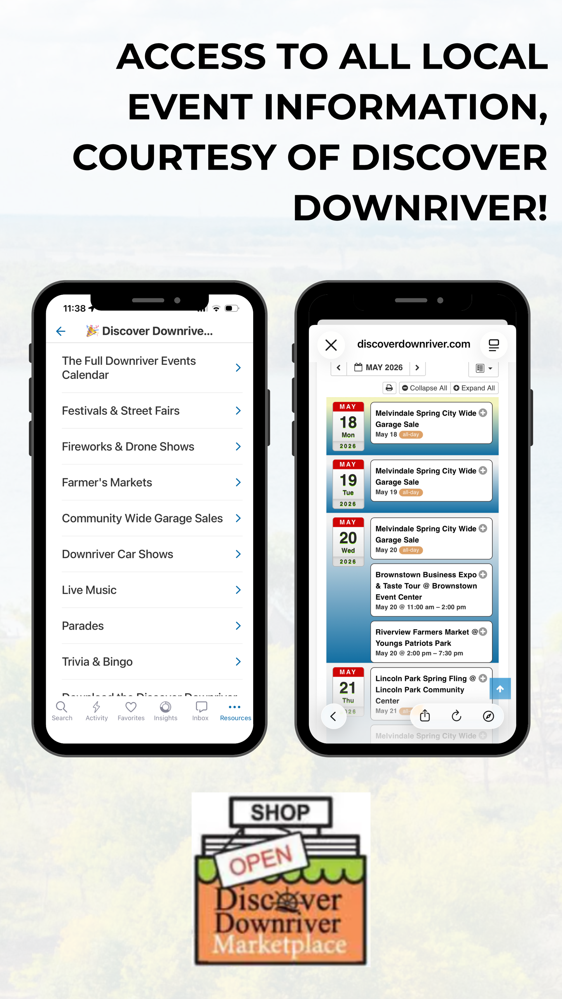 Discover Downriver promo with two phones showing local event listings and a shop logo below.