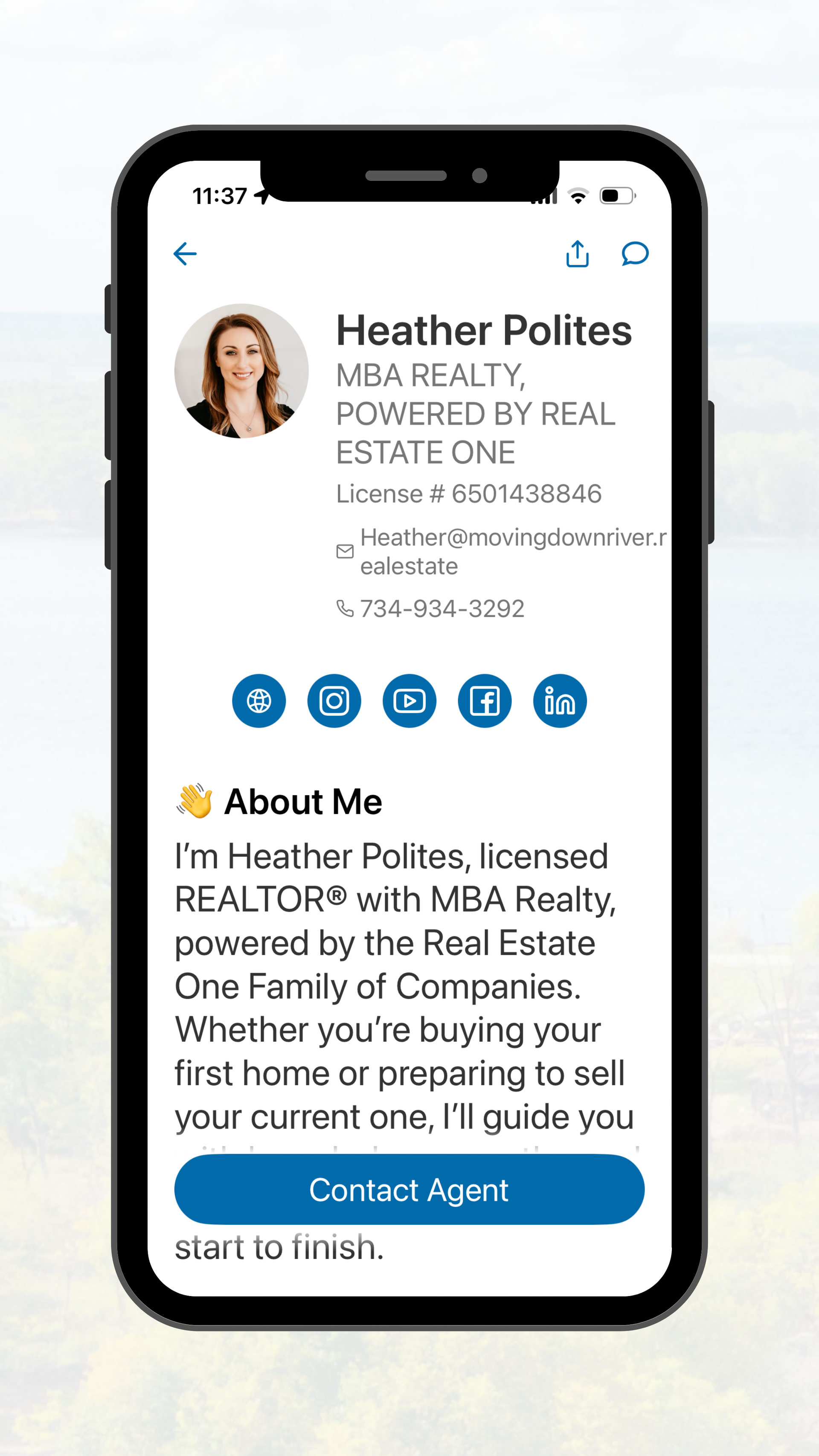 Mobile screen showing a realtor profile for Heather Polites with headshot, contact icons, and “Contact Agent” button