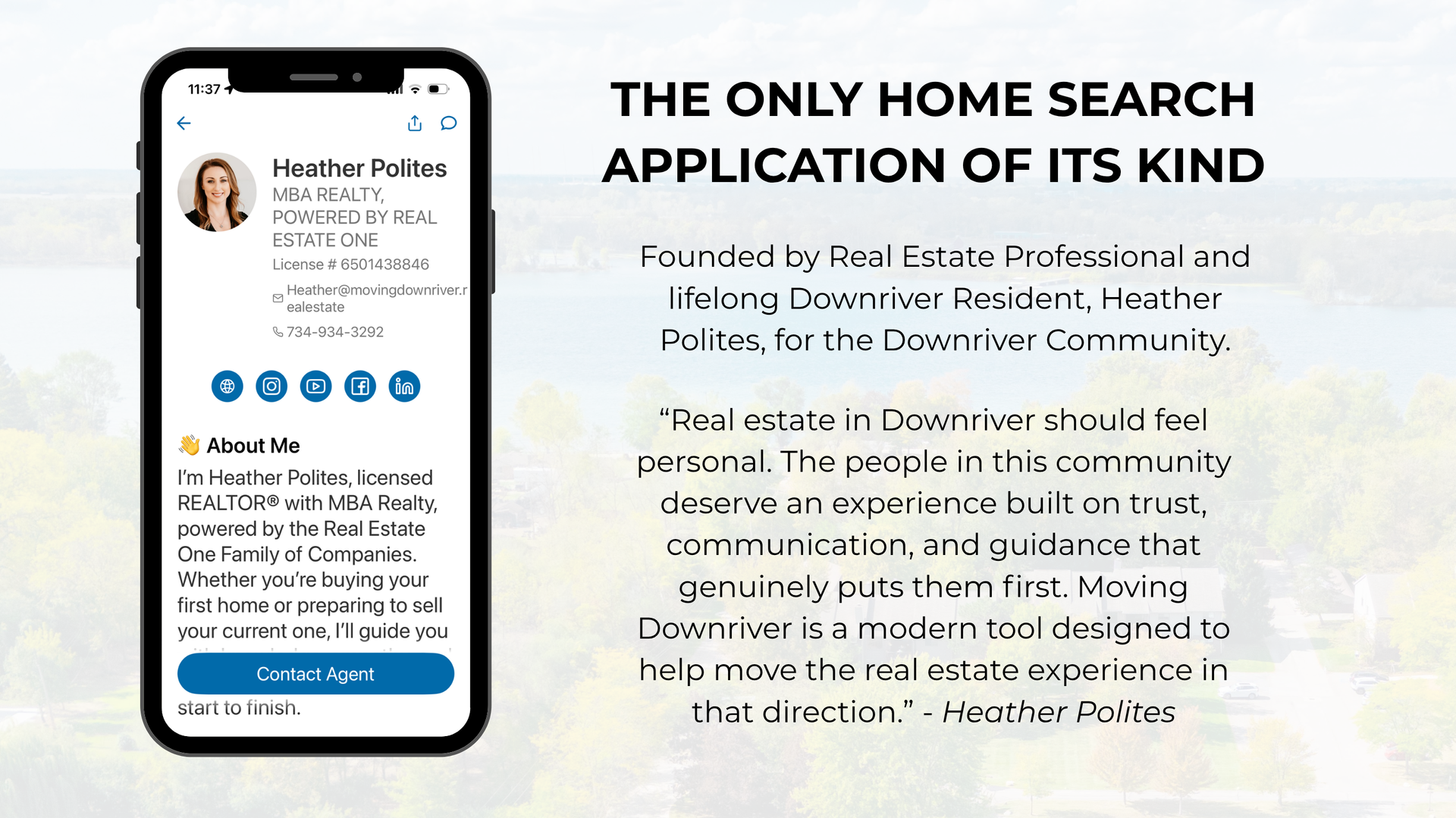 Flyer for a home search app, showing a phone mockup on the left and bold headline text on the right.