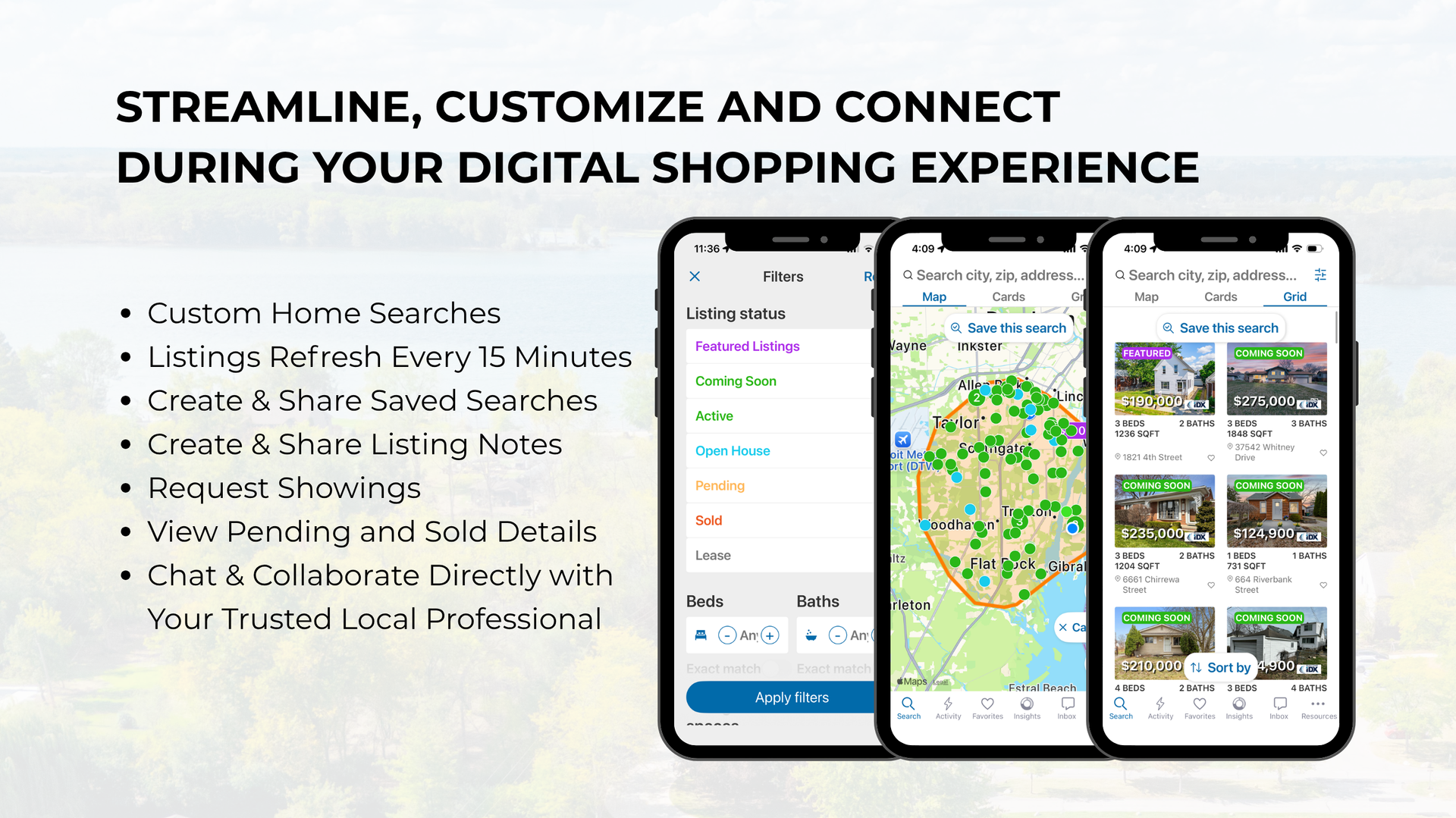 Shopping app promo with three smartphones showing maps, listings, and checkout on a light background.