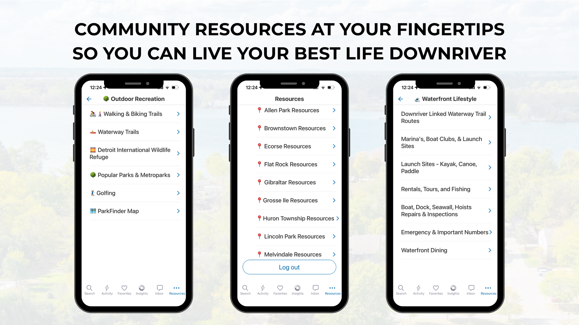 Three smartphone screens showing community resource listings under the headline “Community resources at your fingertips.”