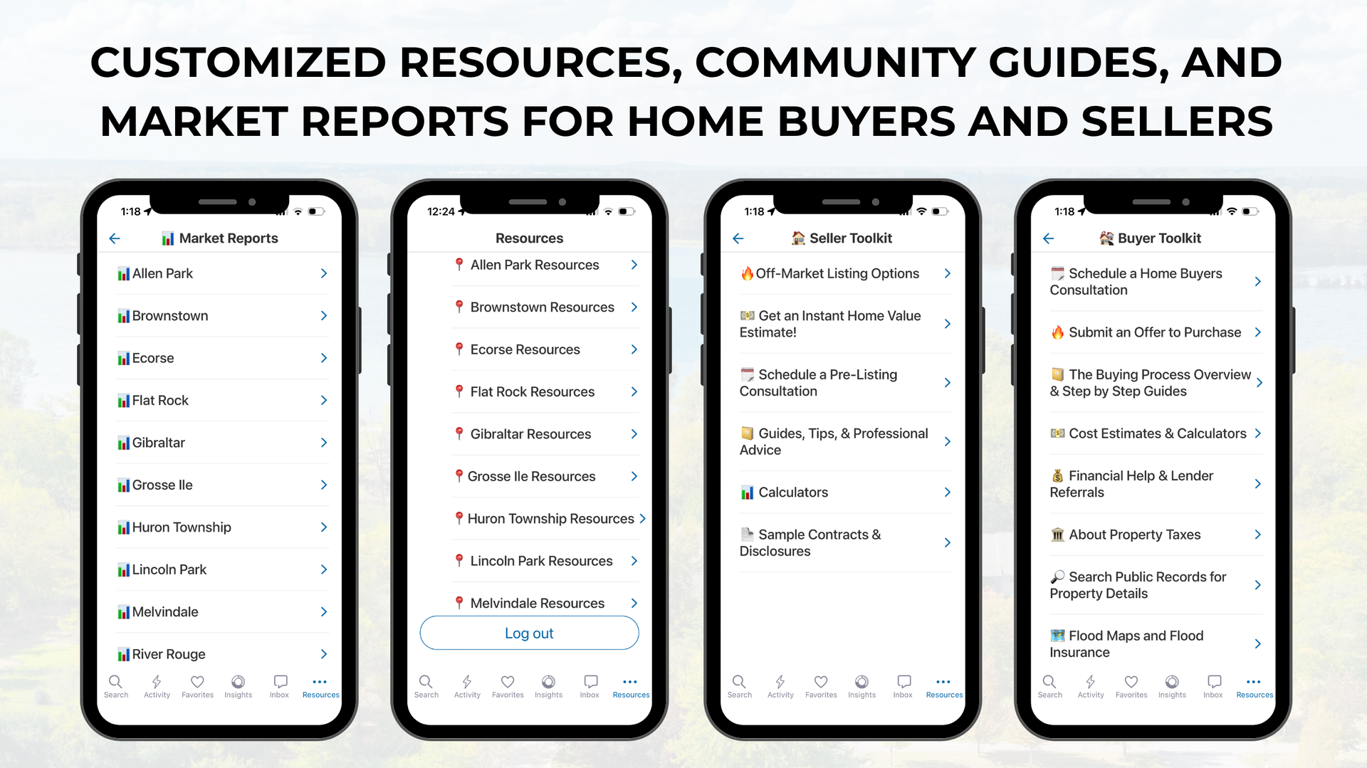 Four smartphone screens showing home buyer and seller resources, community guides, and market reports.