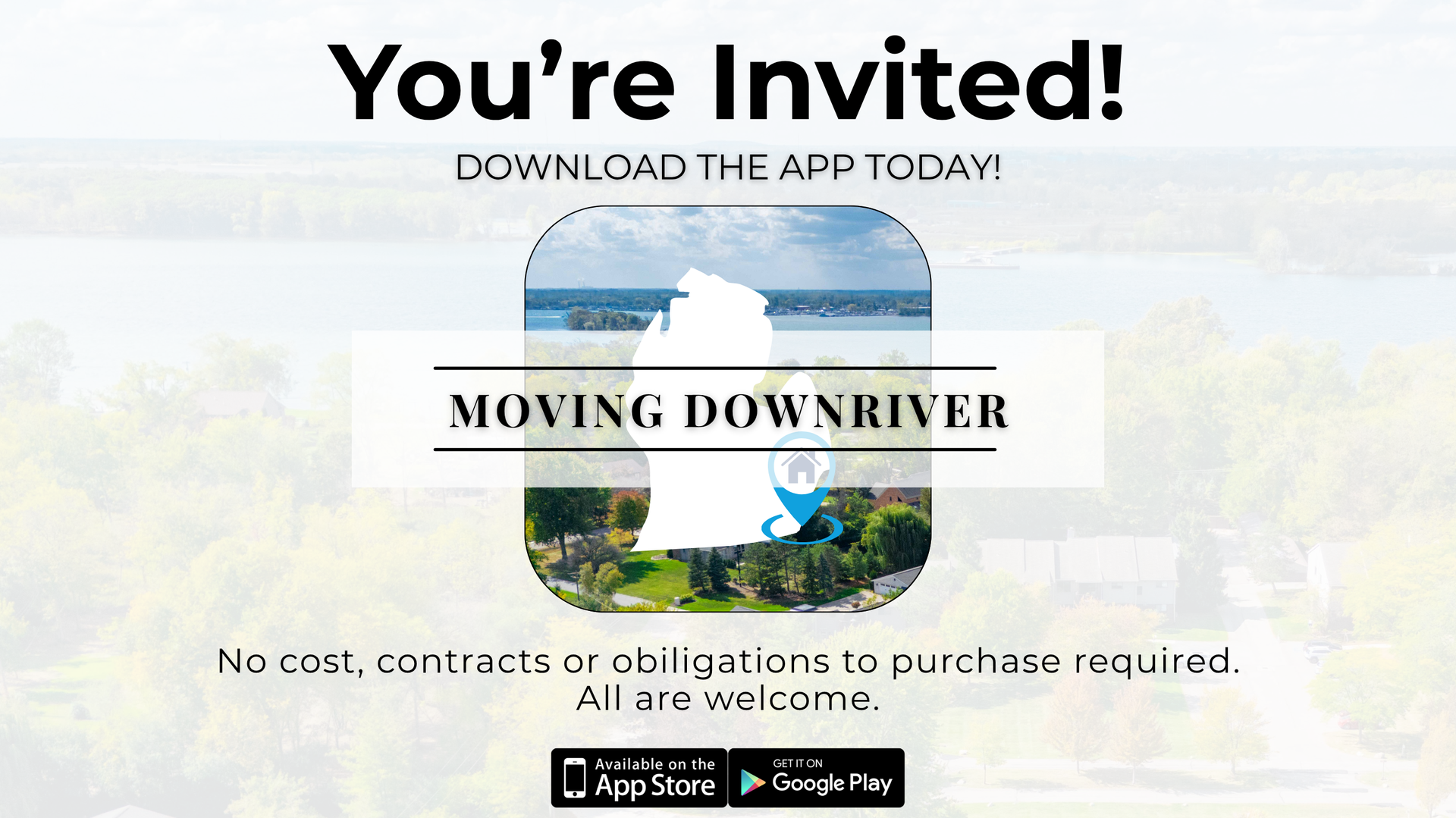 Invitation for the “Moving Downriver” app, with a bridge background and app store download badges