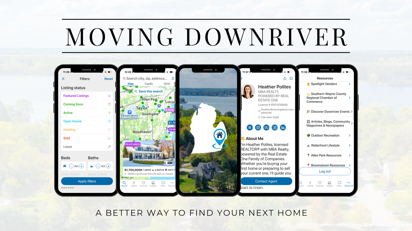 Mobile app promo for moving downriver, showing five phone screens with maps and house listings