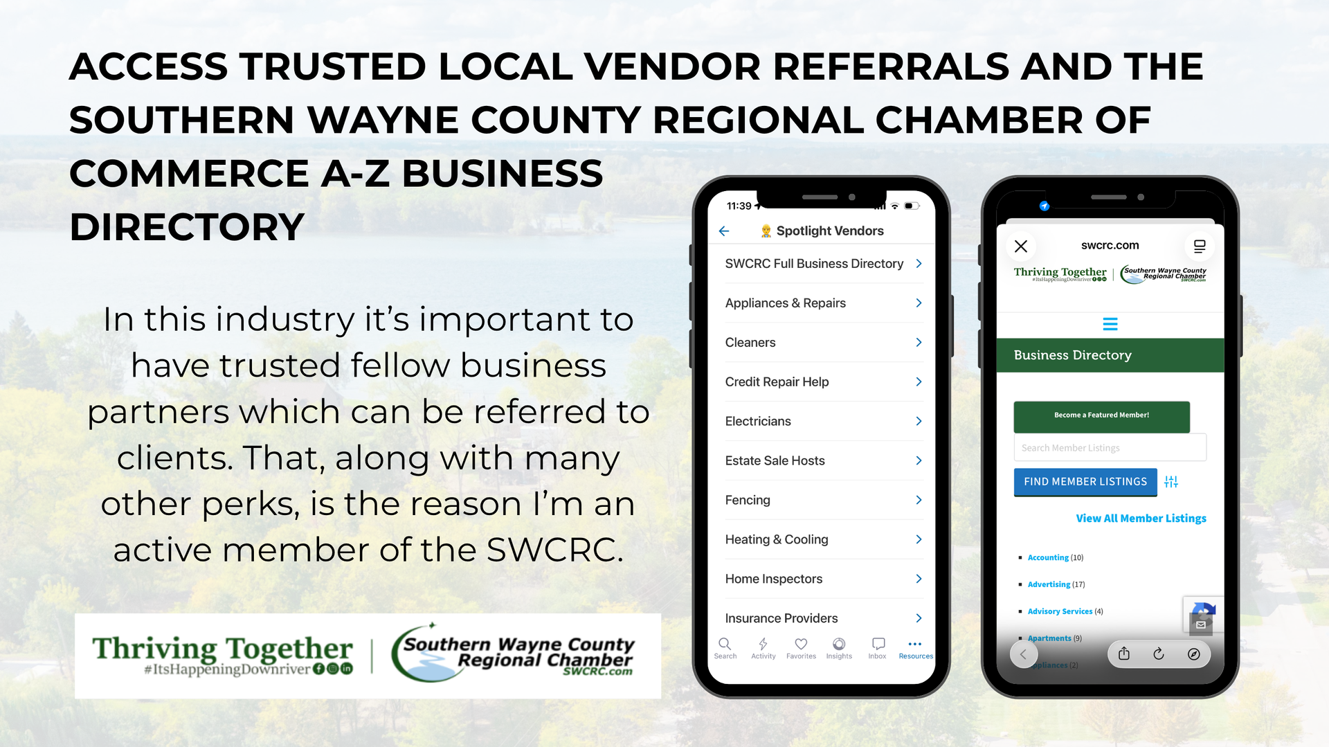 Promotional flyer for trusted local vendor referrals and Southern Wayne Chamber A-Z business directory on phones