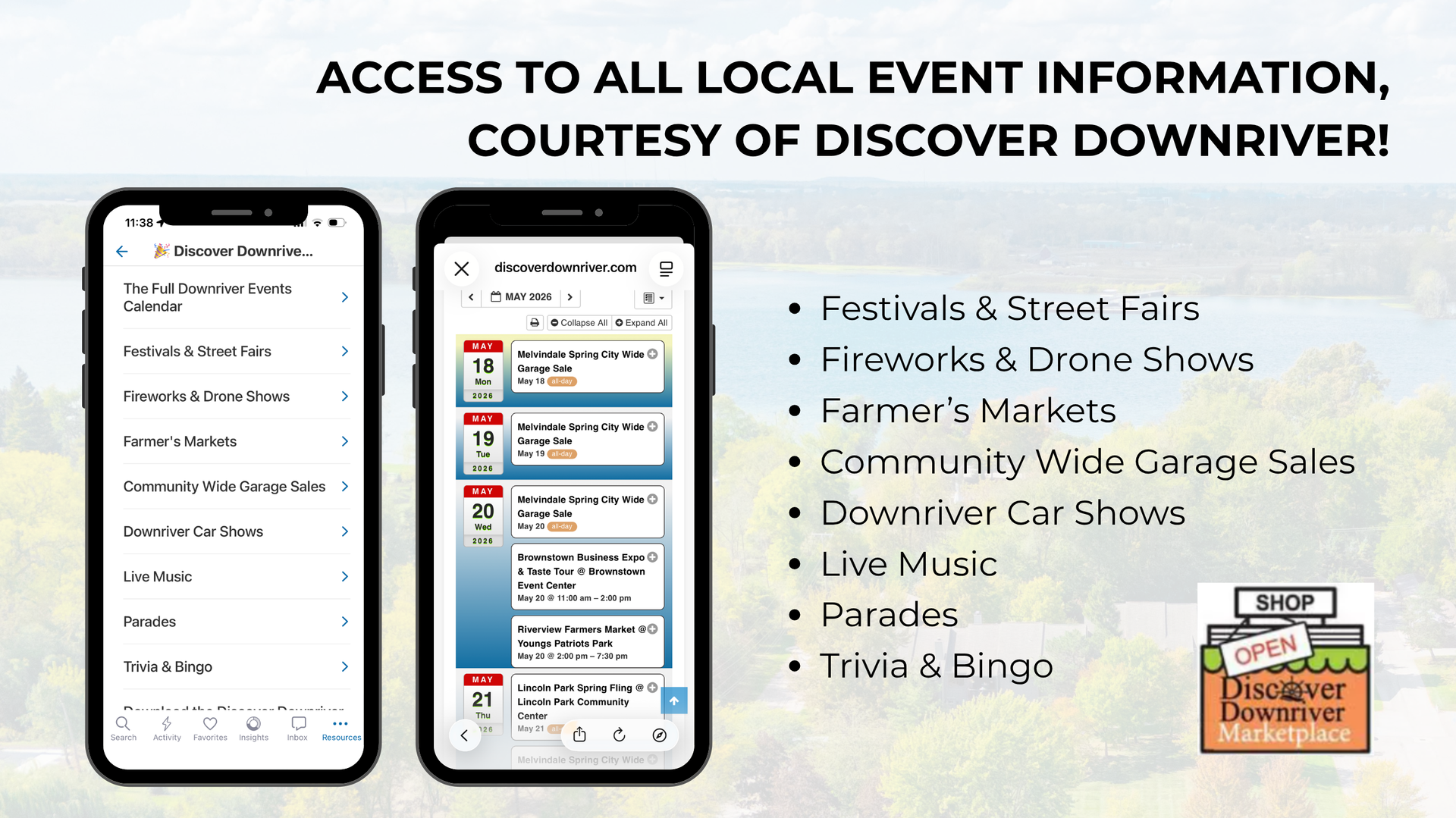 Promo graphic for Discover Downriver app showing event listings on phones and local community activities.