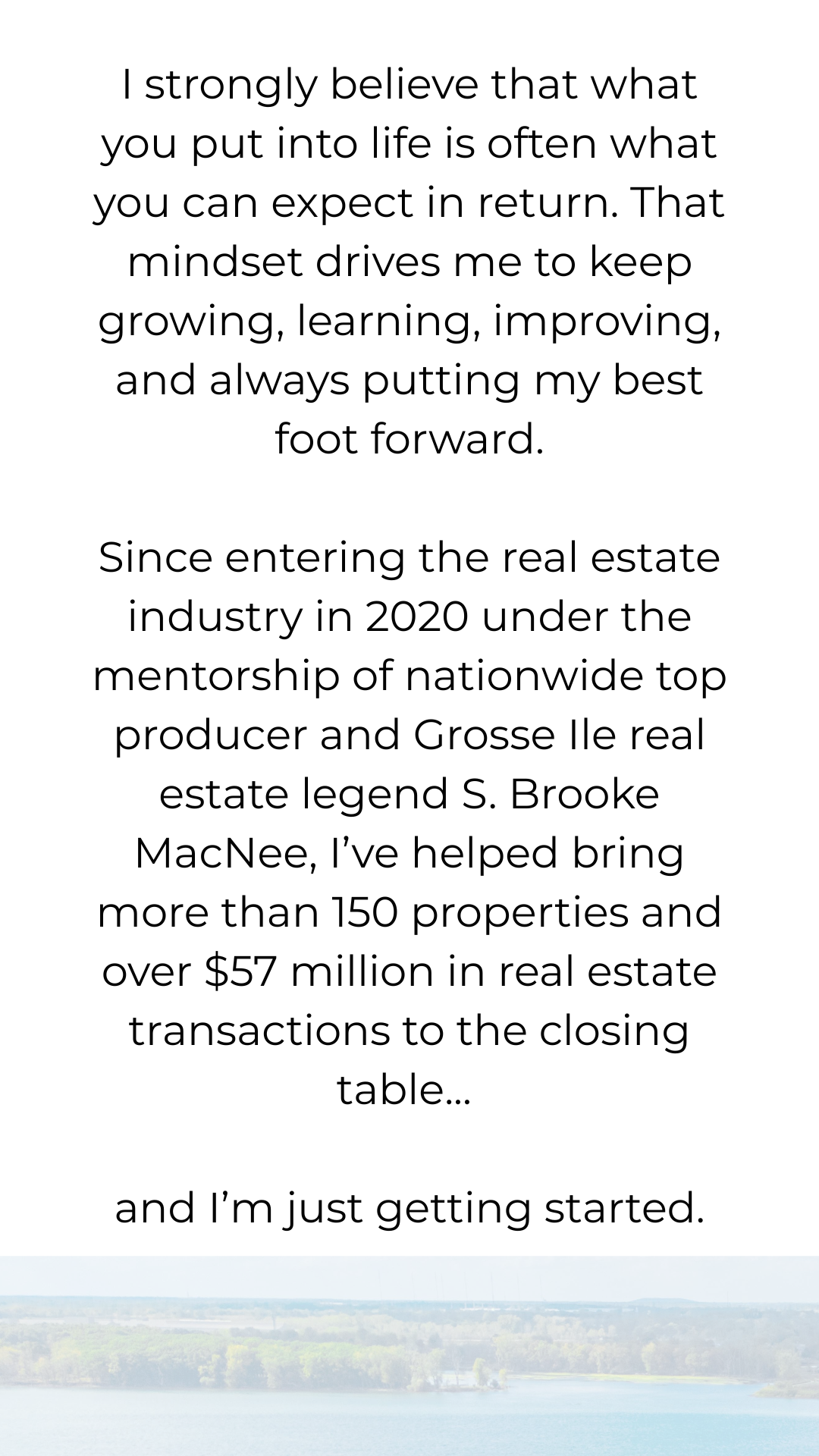 Quote over a beach scene praising growth and $7M+ in real estate transactions in 2020.