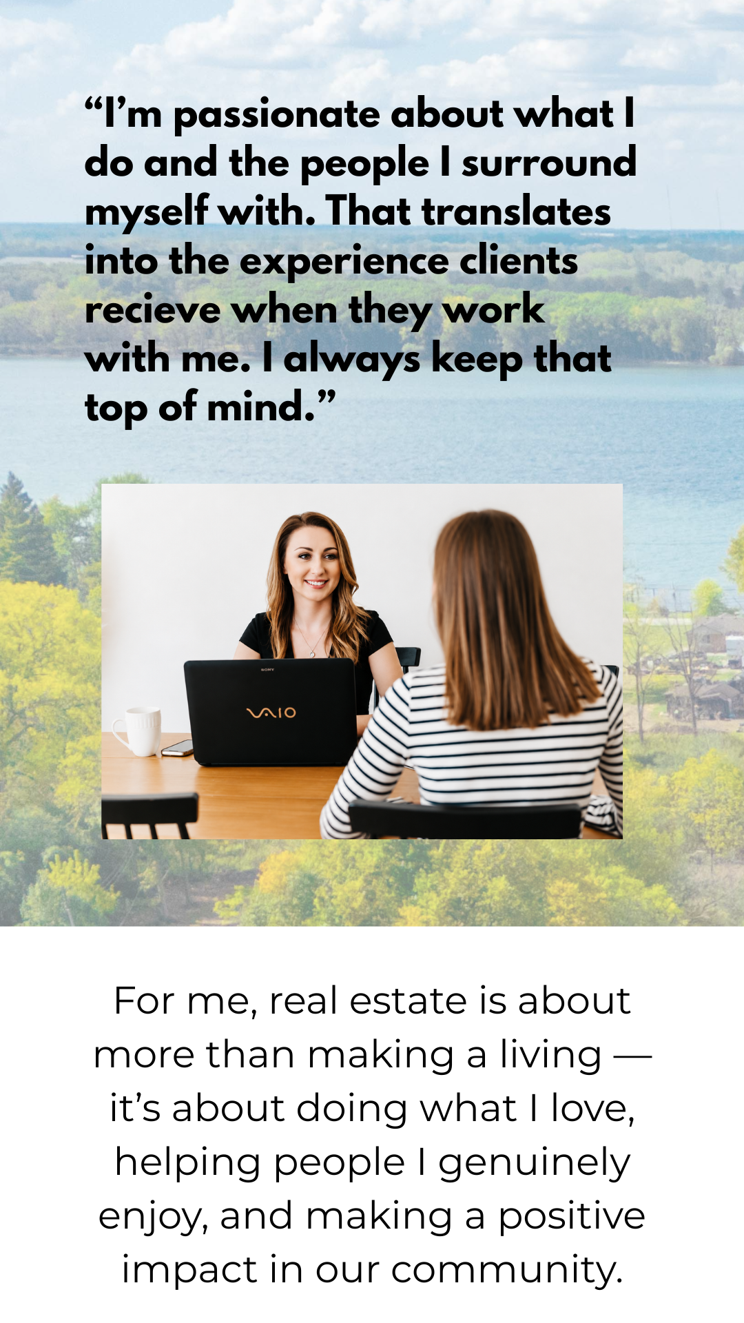 Therapist and client talking in a bright office with a scenic wall mural and motivational quote text.