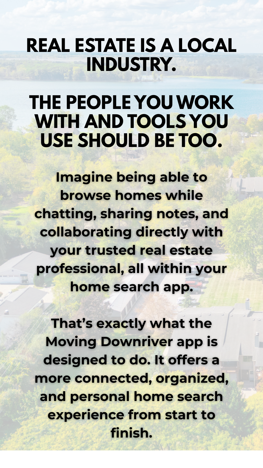 Real estate ad with bold black text on a white background, promoting a local moving company’s home search app.