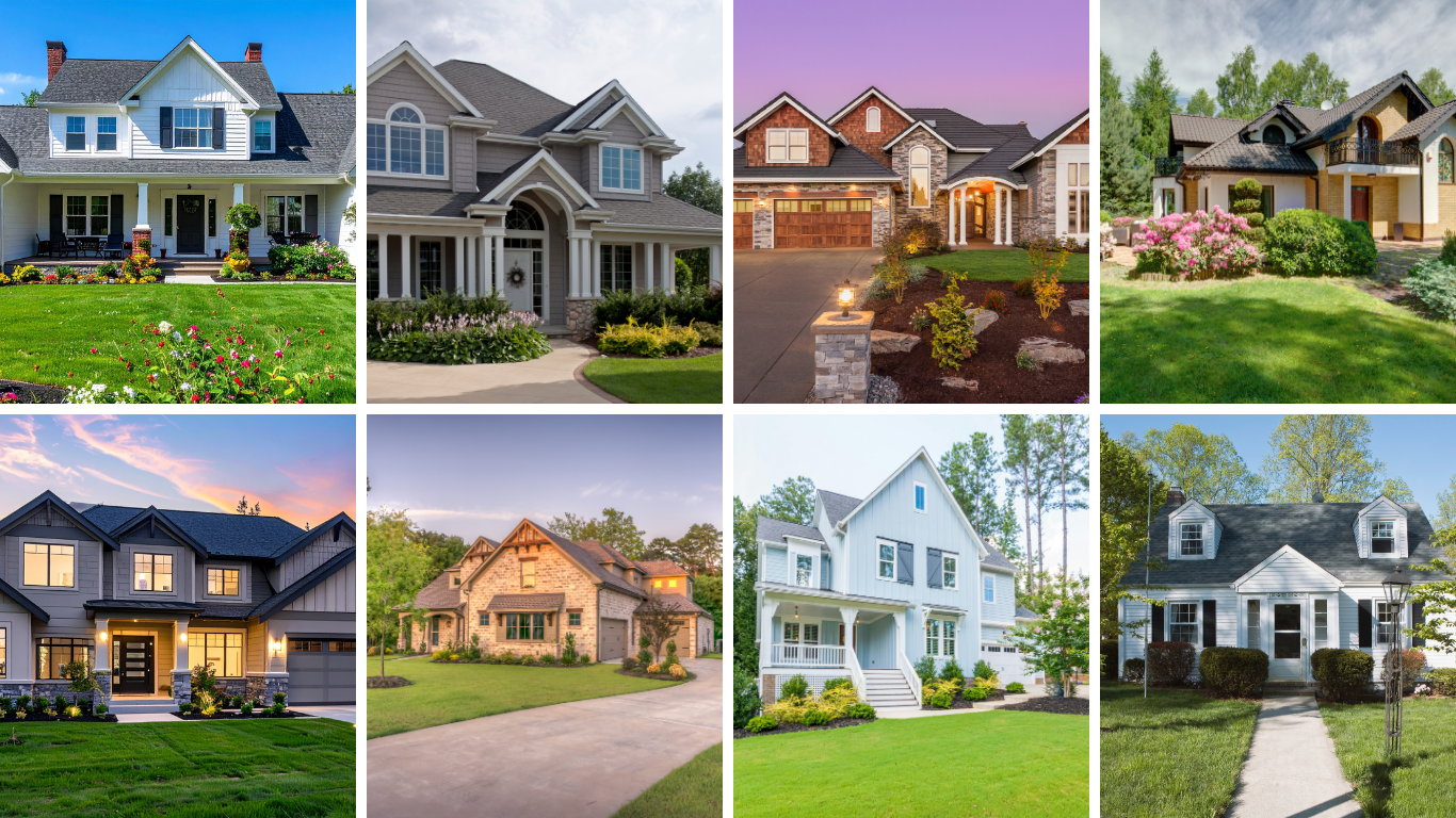 Collage of eight suburban houses with manicured lawns, varied styles, and bright daylight exteriors