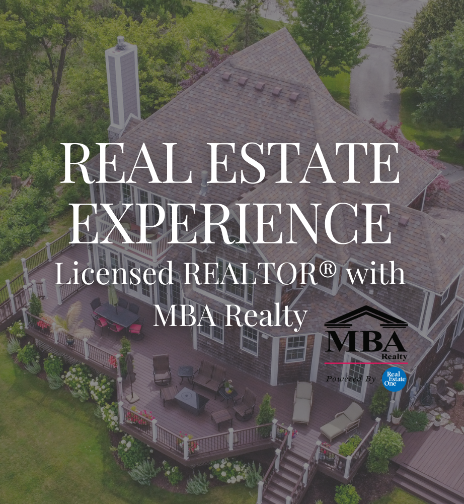 Aerial view of a house with text: “Real Estate Experience,” “Licensed REALTOR® with MBA Realty.”
