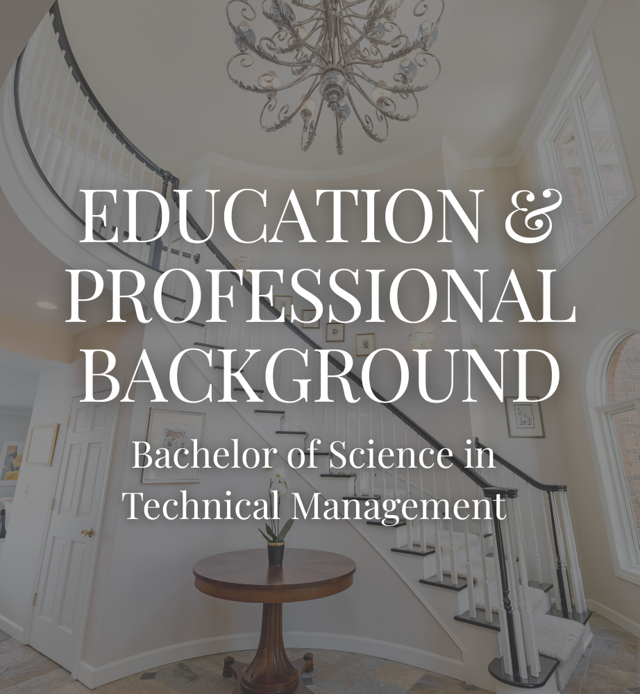 Text slide reading “EDUCATION & PROFESSIONAL BACKGROUND” over a bright elegant room interior.